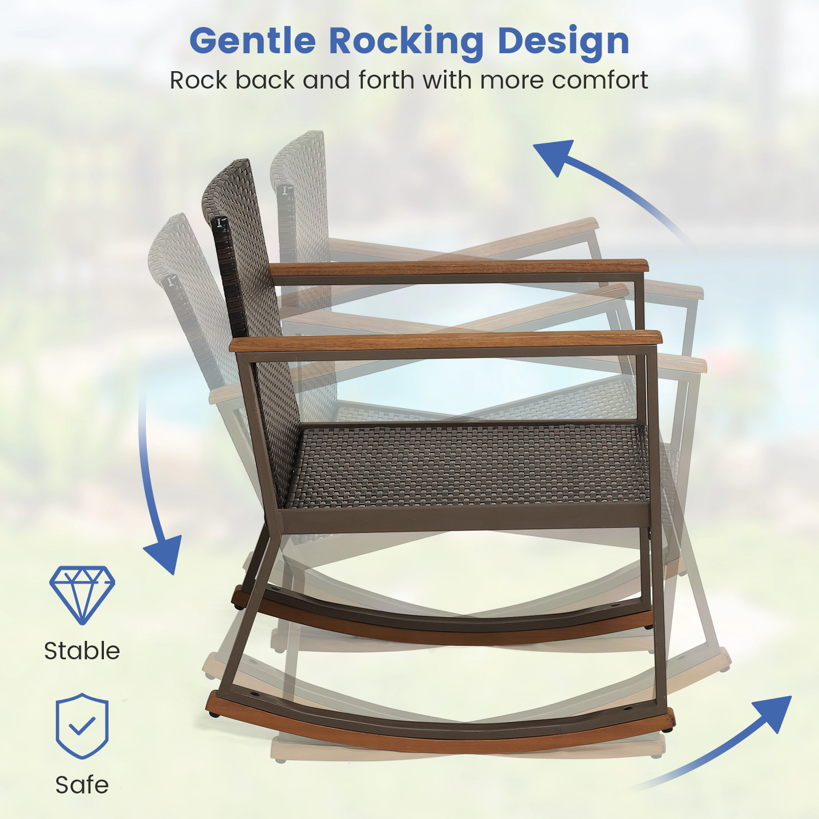 SUGIFT 3-Piece Outdoor Rattan Rocking Chair Bistro Set with 2-Tier Acacia Wood Table