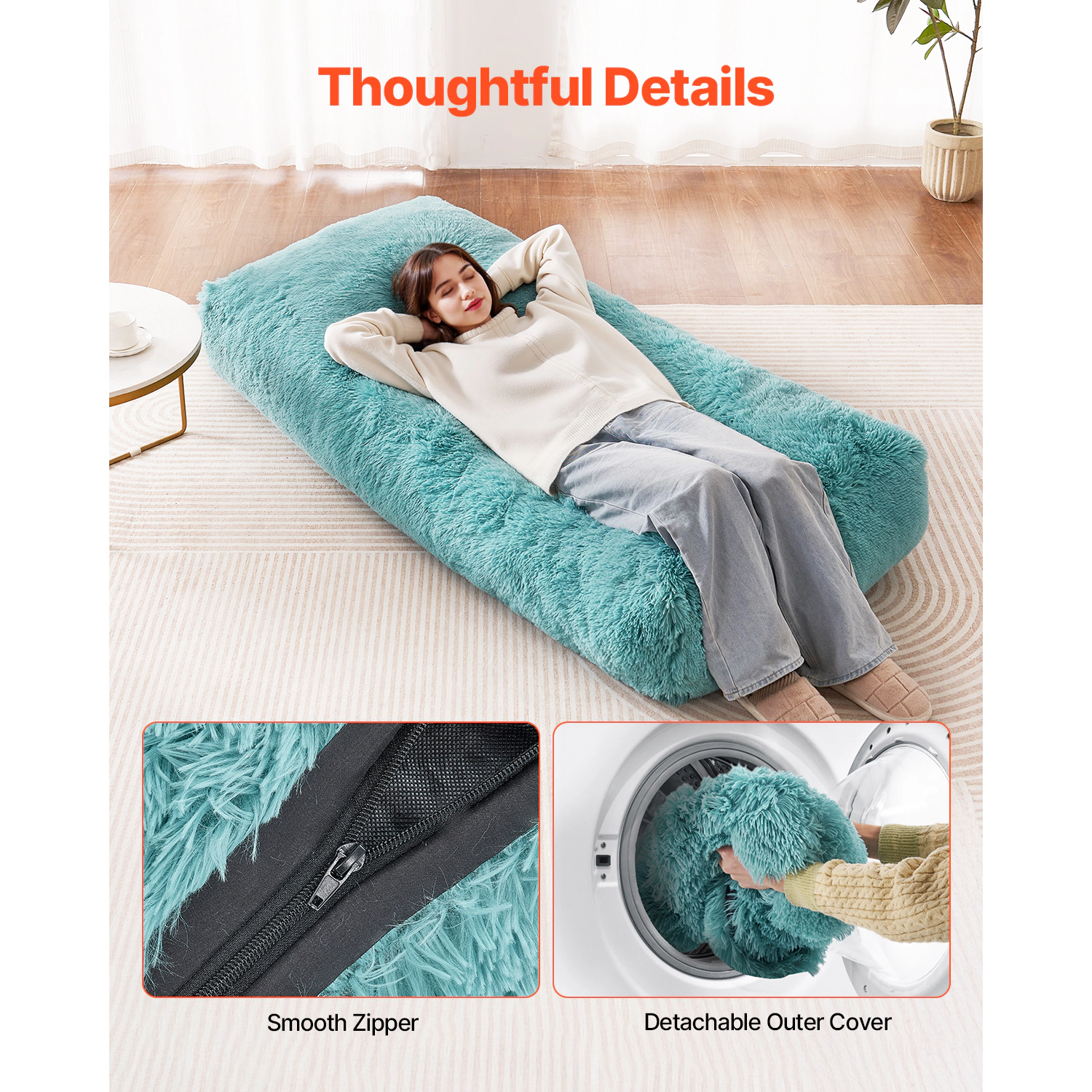 HONGGE Giant Floor Bean Bag Lounger, Long Low-Profile Design, Memory Foam Fill, Zippered Cover, Blue