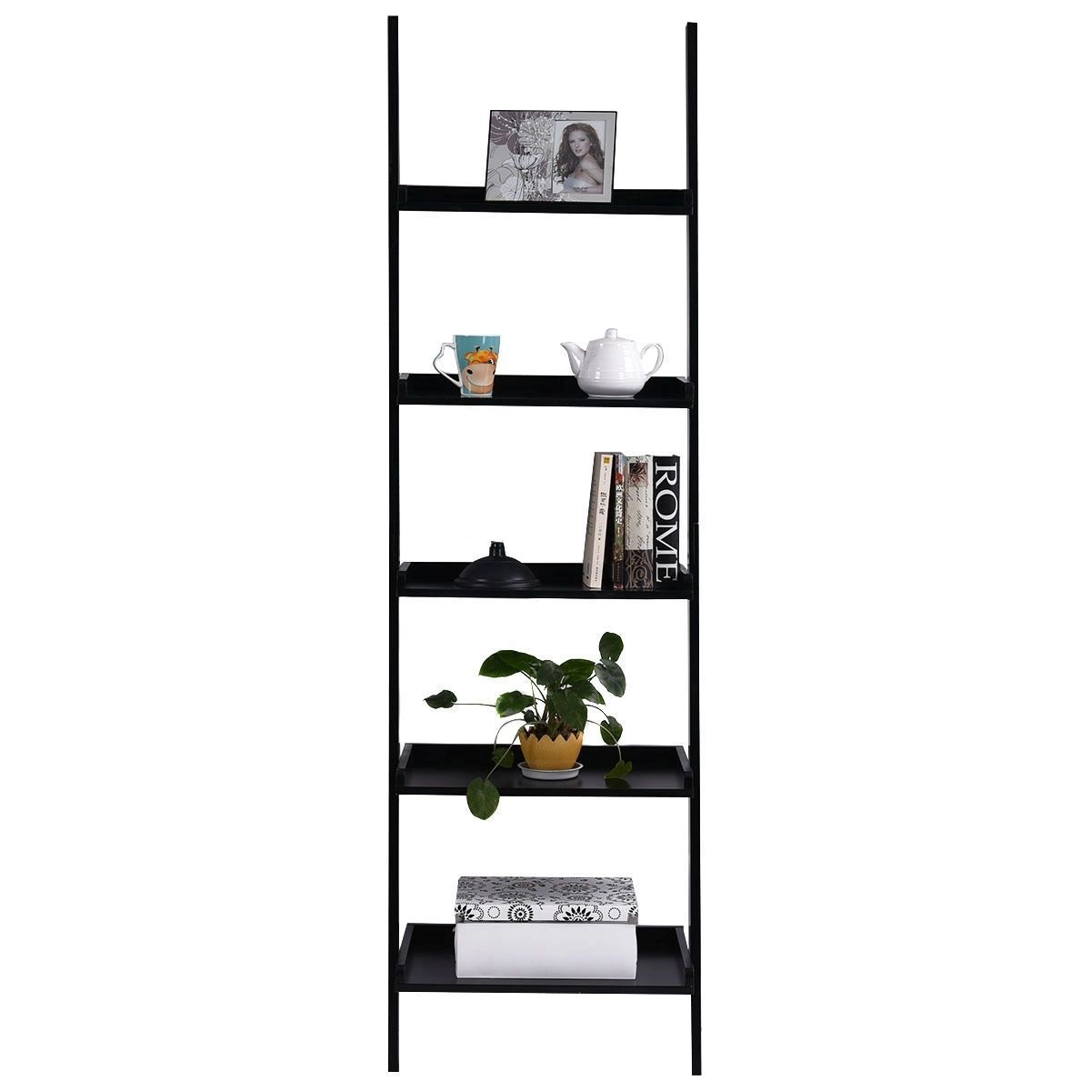 SlickBlue 5-Tier Leaning Ladder Bookcase Wall Shelf with Storage