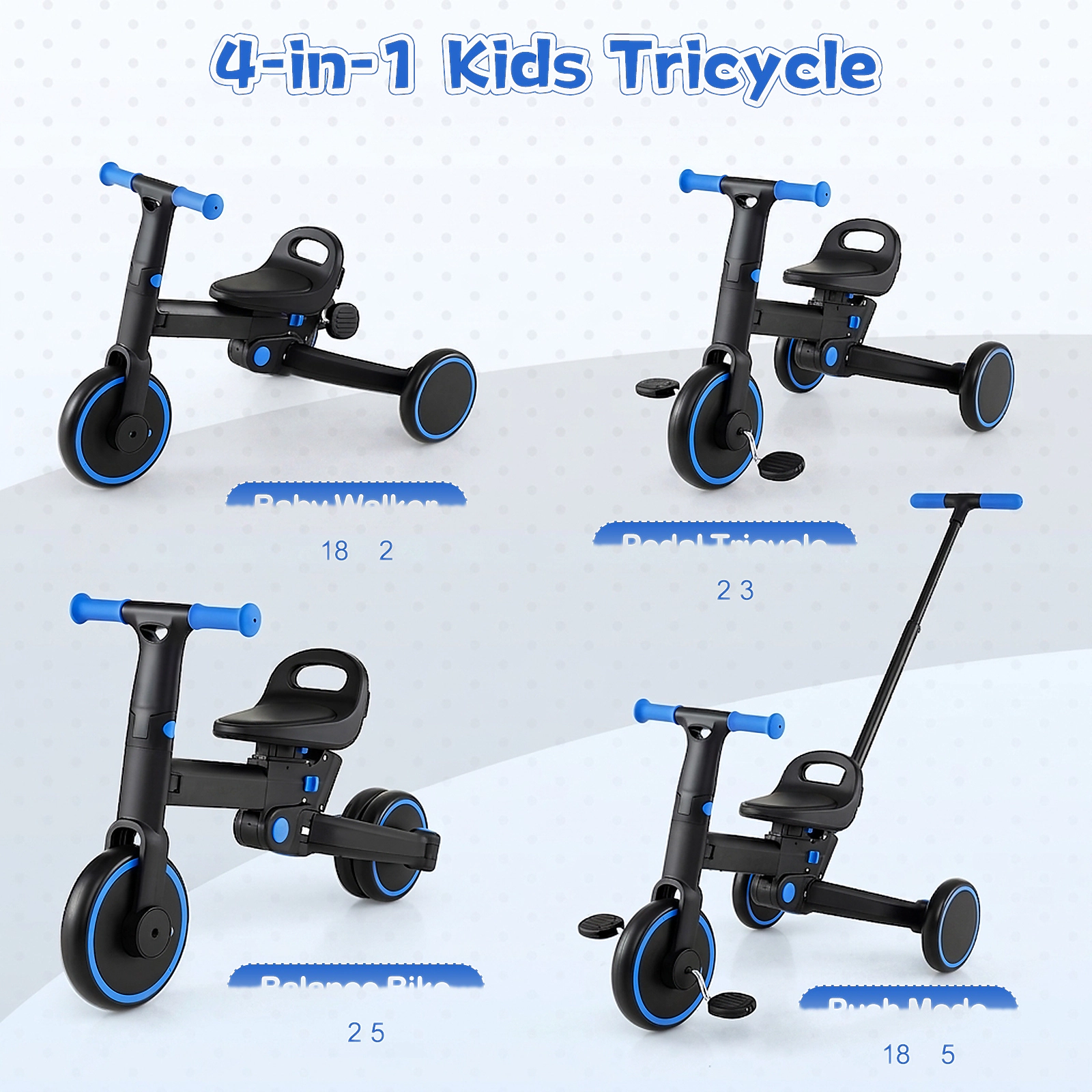 Kids Trike Stroller 4-in-1 Folding Toddler Tricycle Parent Steering Handle 2-Way Adjustable Seat 18-60 Months Navy