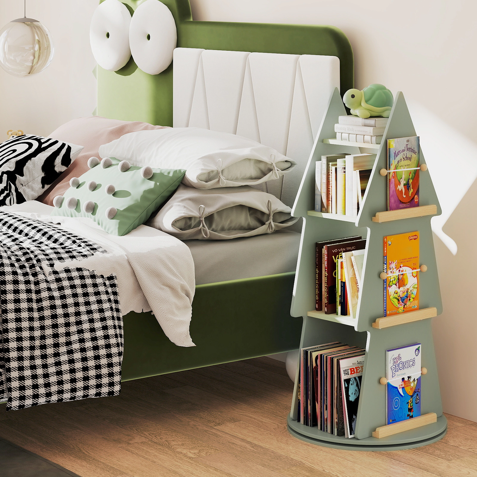 SUGIFT 4 Tier Tree Shape Kids Rotating Toy Organizer Bookshelf 44-lb Capacity 360° Display Rack Green + Natural
