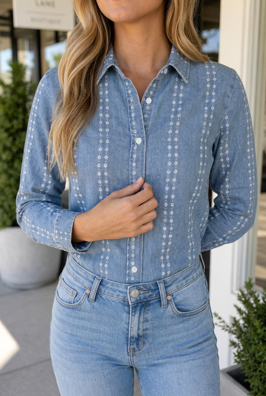 19092 Threaded Pear Carmen Long Sleeve Denim Shirt with Floral Embroidery