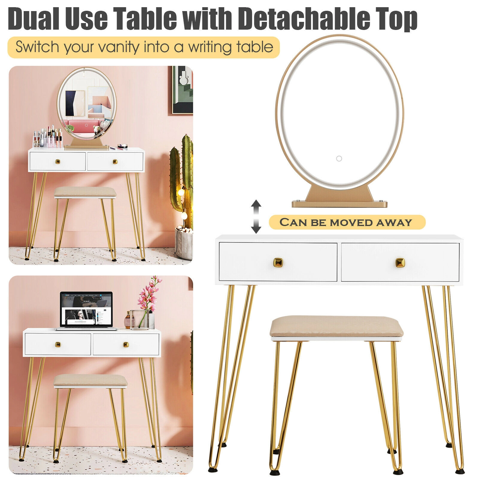 SUGIFT White 3 Lighting Modes Removable Mirror and Fluffy Stool Industrial Makeup Dressing Table