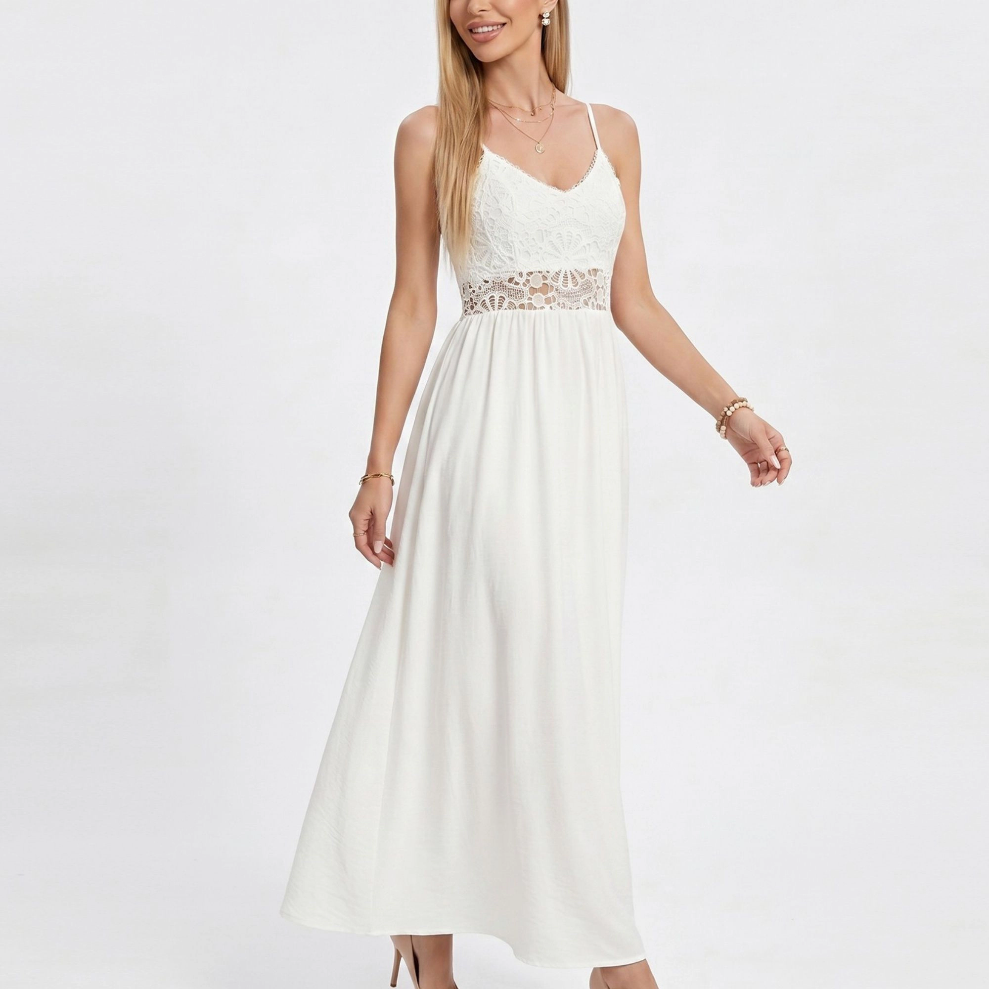 Anna-Kaci Women's Lace Bodice Spaghetti Straps Maxi Dress