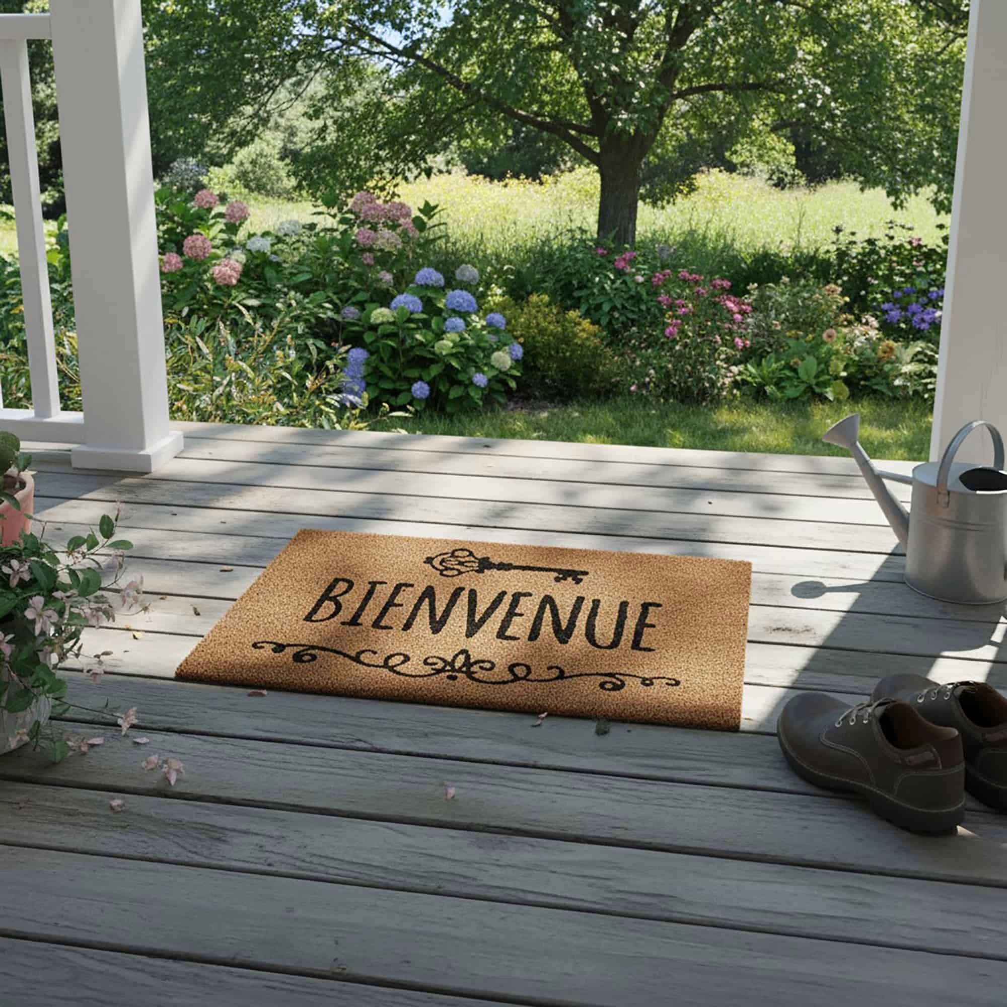 Evideco French Home Goods Natural and Black Bienvenue Coir Doormat 24 x 16 Inches