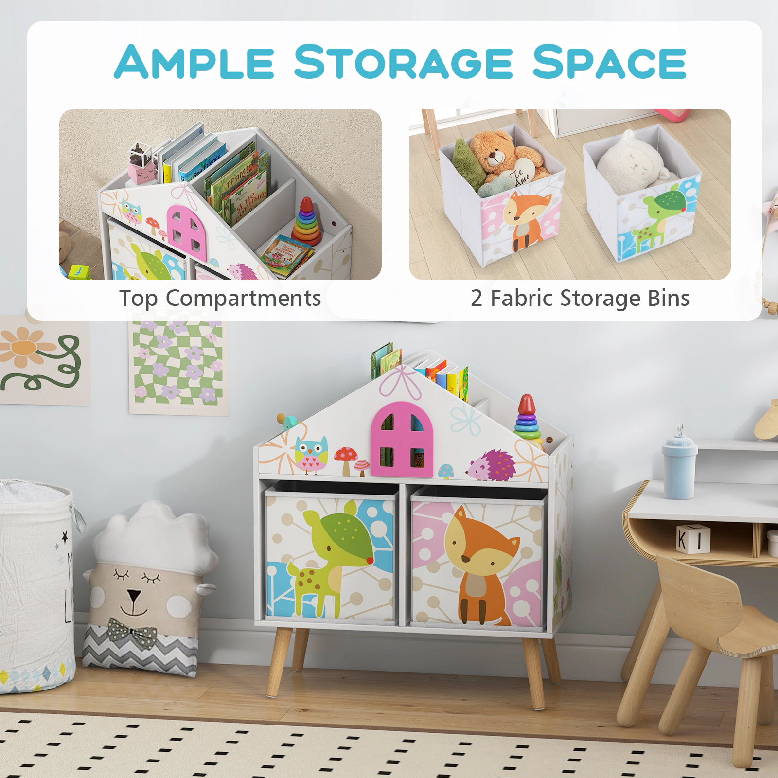 Hivvago Kids House-Shaped Bookshelf With 2 Storage Bins