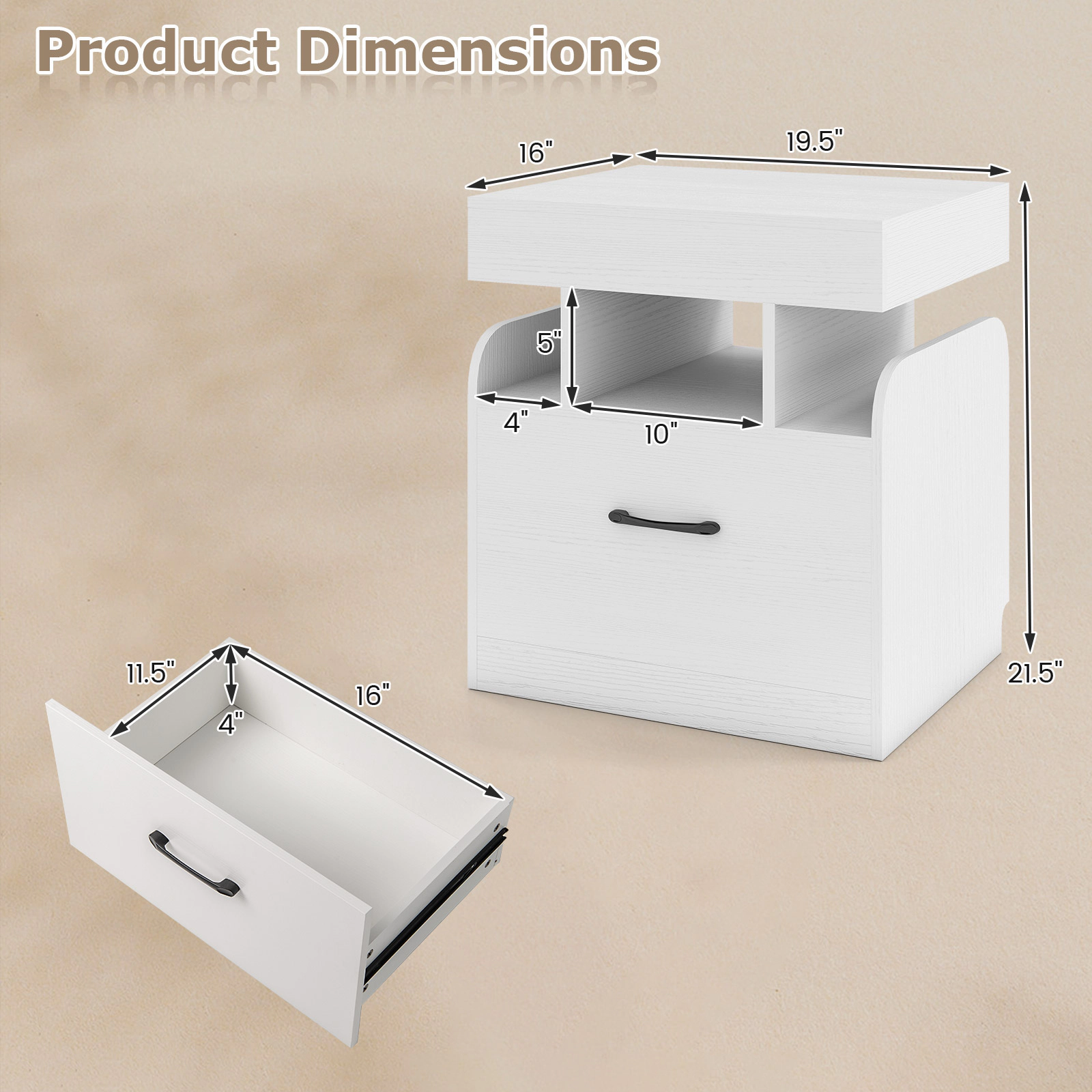 SUGIFT Nightstand with Charging Station Sliding Top Storage 66-lb Tabletop Capacity 3-Compartment Bedside Table White