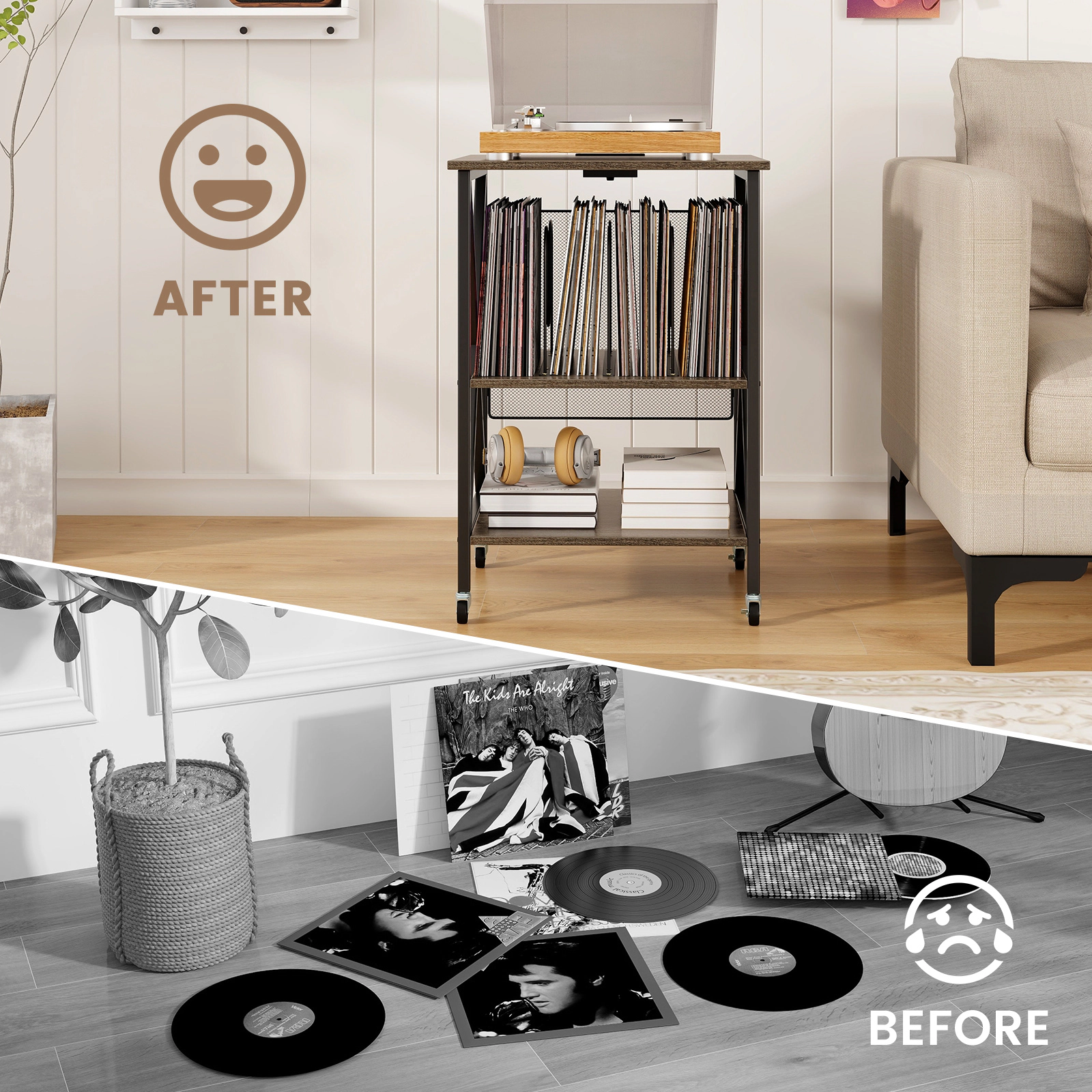 SUGIFT Mid-Century Record Player Stand Accent Table Built-in Charging Station 110-lb Top Capacity Rustic Brown Gray Oak