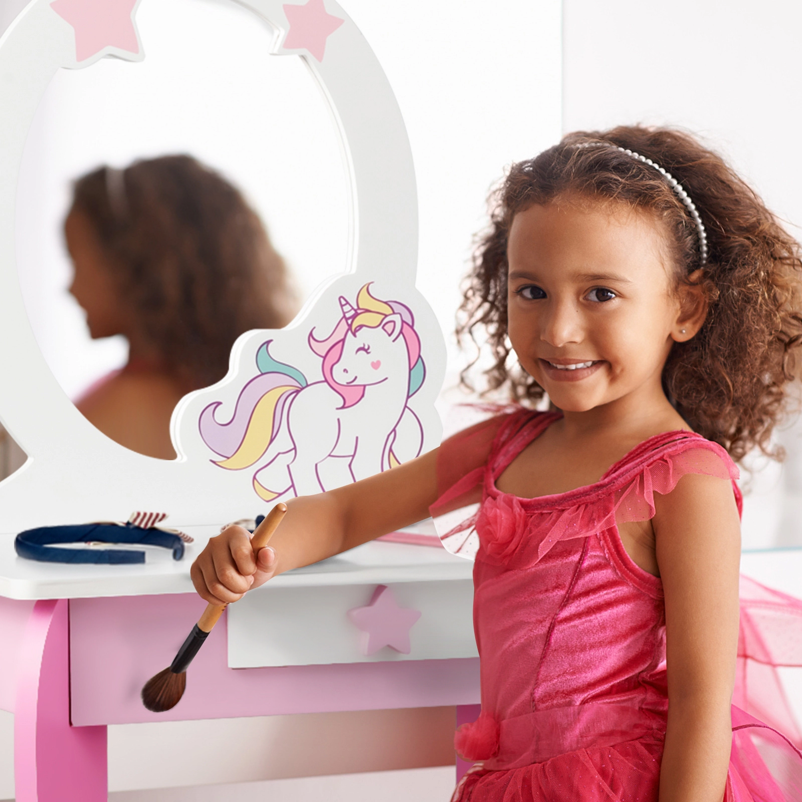 SUGIFT Kids Makeup Vanity Table and Stool Set with Mirror Drawer and Removable Top 35-lb Table 66-lb Stool Capacity Pink