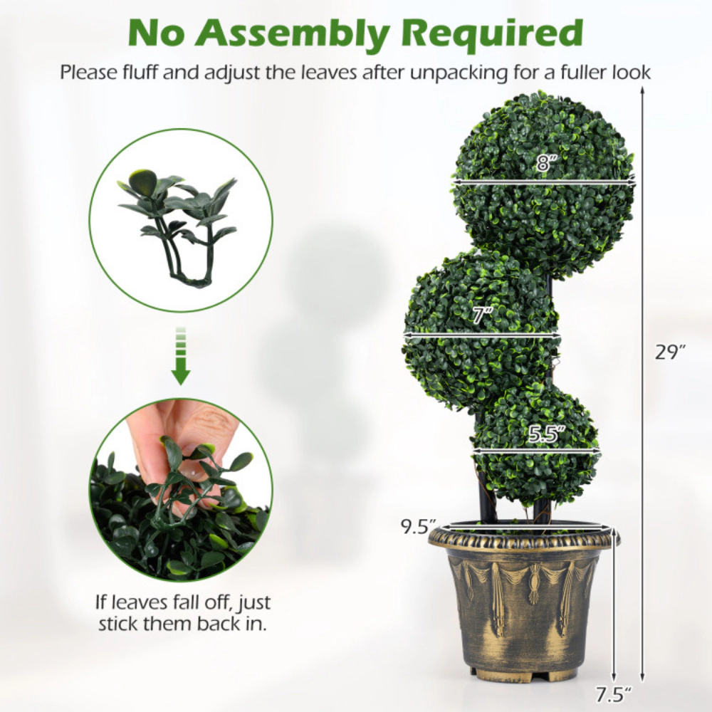 Slickblue Artificial Triple Ball Boxwood Topiary Tree 29in Black Gold Planter Porch Entry Decor-Set of 2