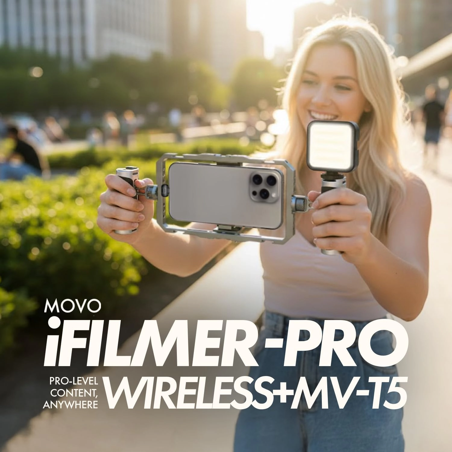 Movo iFilmer PRO Smartphone Rig with Dual Grip Cage Wireless Lavalier Mics and Full Size Tripod for iPhone and Android