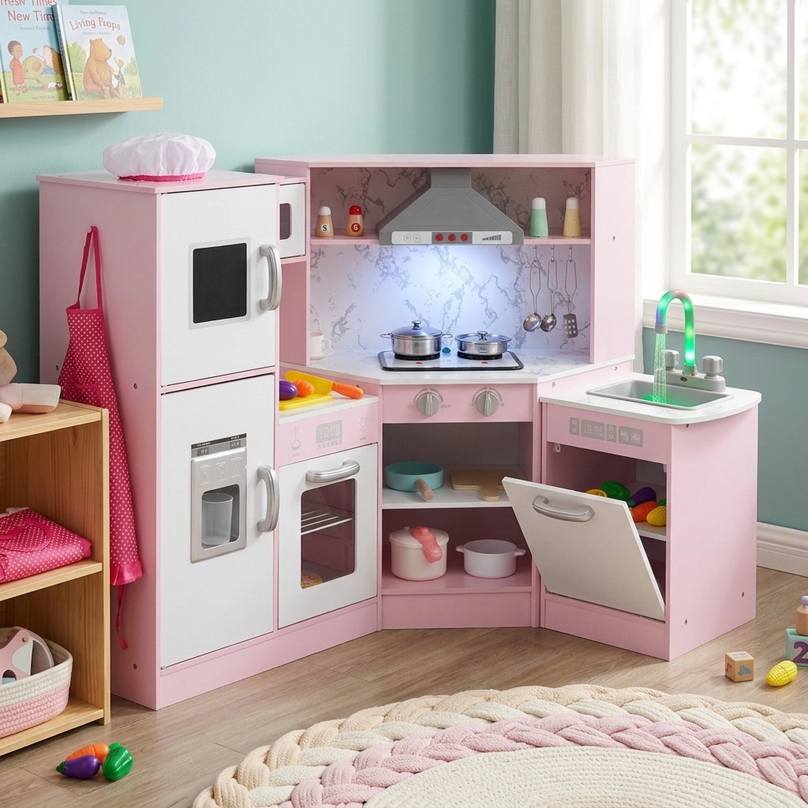 Corner Pretend Play Kitchen for Toddlers Chef Hat Apron Rotary Faucet Basin 17.5-in Countertop 39.5-in x 19.5-in x 32-in