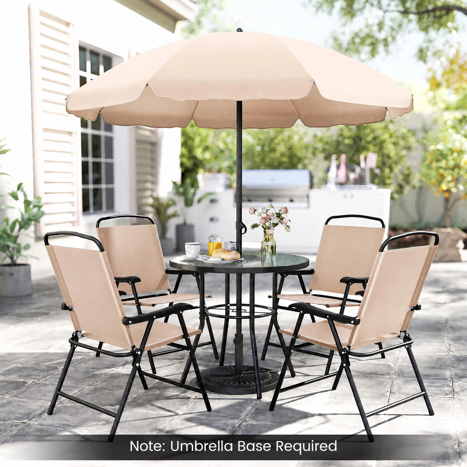 LJG 6 Pieces Patio Dining Set with Umbrella and 4 Folding Armchairs