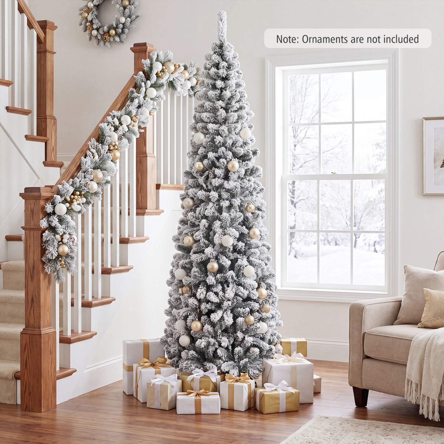 LJG 7.5 Feet Unlit Hinged Snow Flocked Artificial Pencil Christmas Tree with 641 Tips