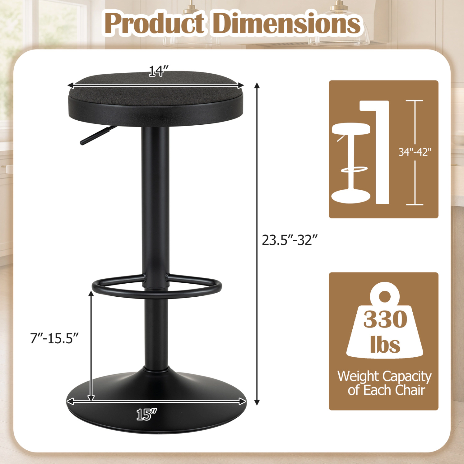 LJG Set of Kitchen Bar Stools with Height Adjustment Padded Seat and D-Shaped Footrest