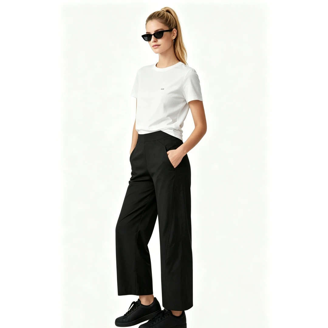 Coolmee Womens Elastic Waist Ankle Pants Casual High Rise Baggy Tapered Barrel Trousers