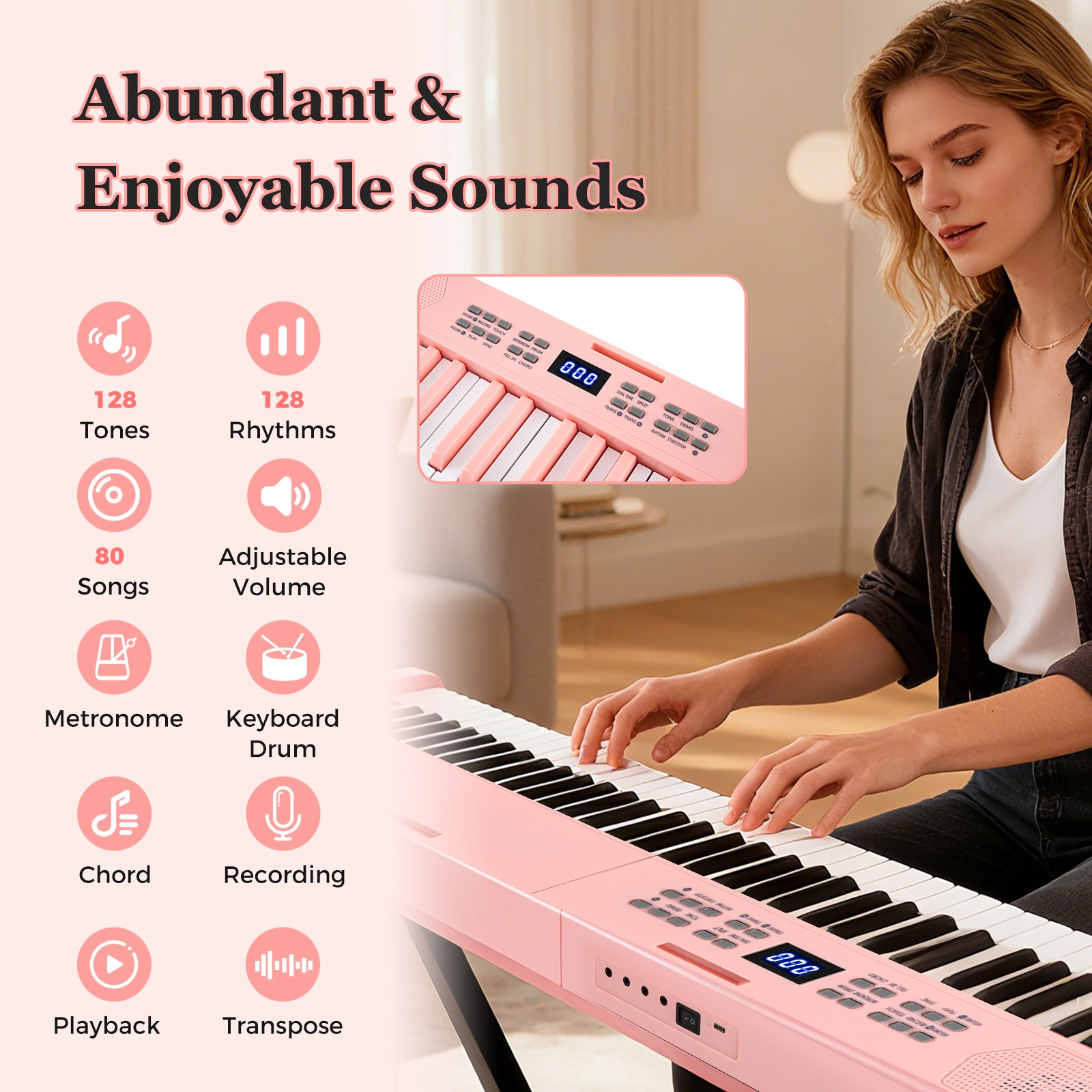 SUGIFT Pink 61-Key Foldable Piano Keyboard with Dual Speakers and Sustain Pedal Jack 37-in W 8.5-in D 2.5-in H