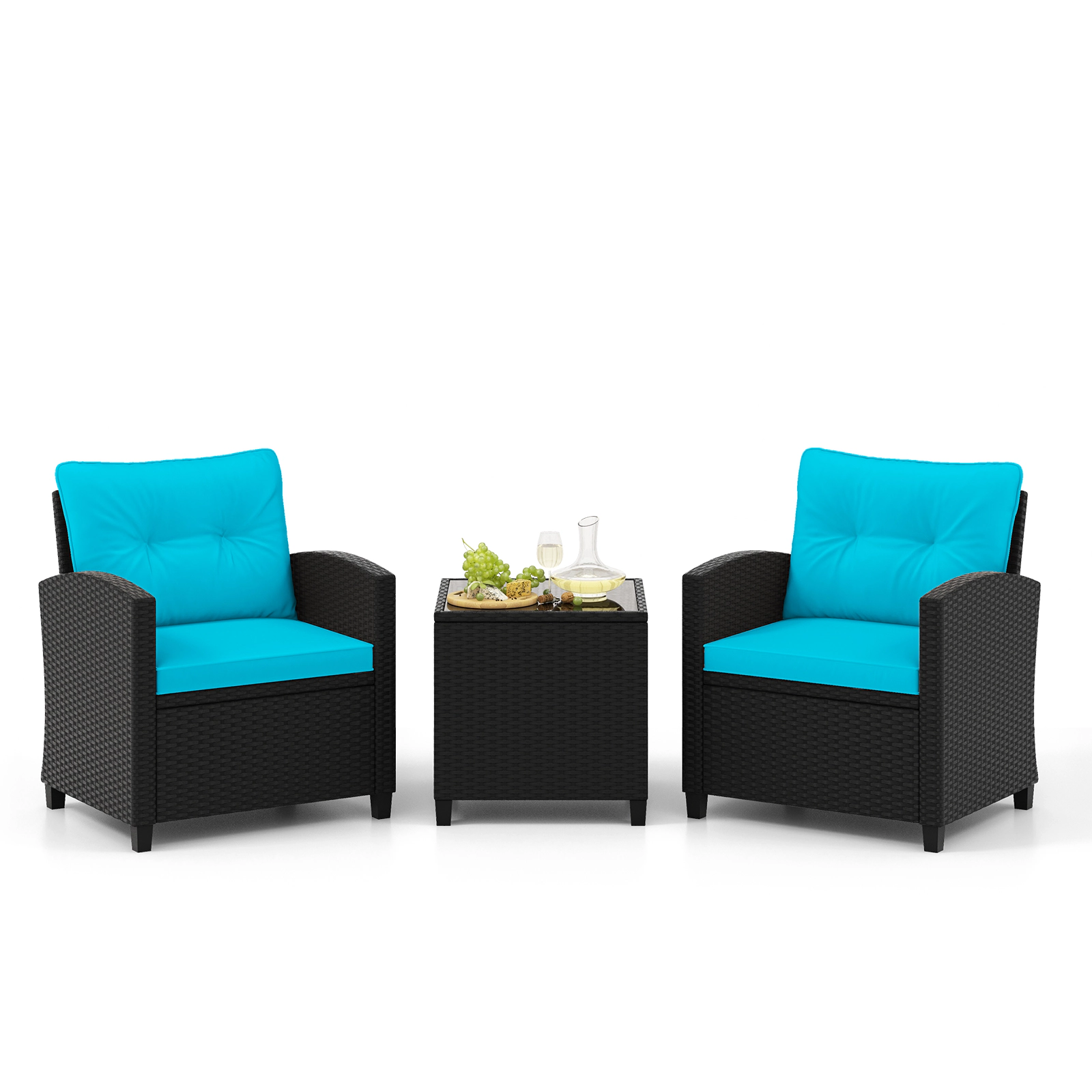 SUGIFT 3-Piece Black Rattan Patio Conversation Set with 2 Cushioned Chairs and Tempered Glass Table