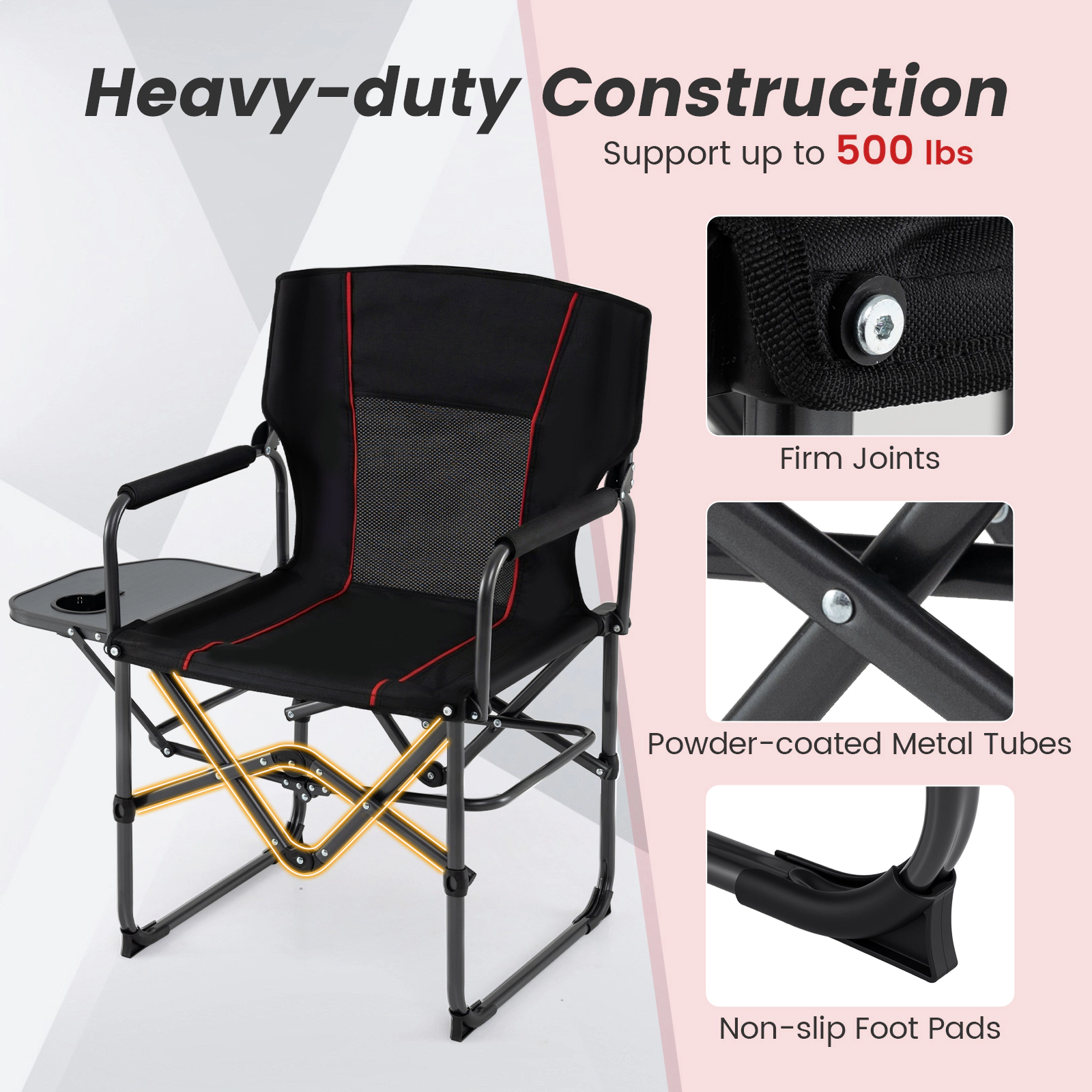 SUGIFT 500-lb Capacity Padded Folding Camping Chair with 25-lb Side Table Mesh Back and 3-in Cup Holder