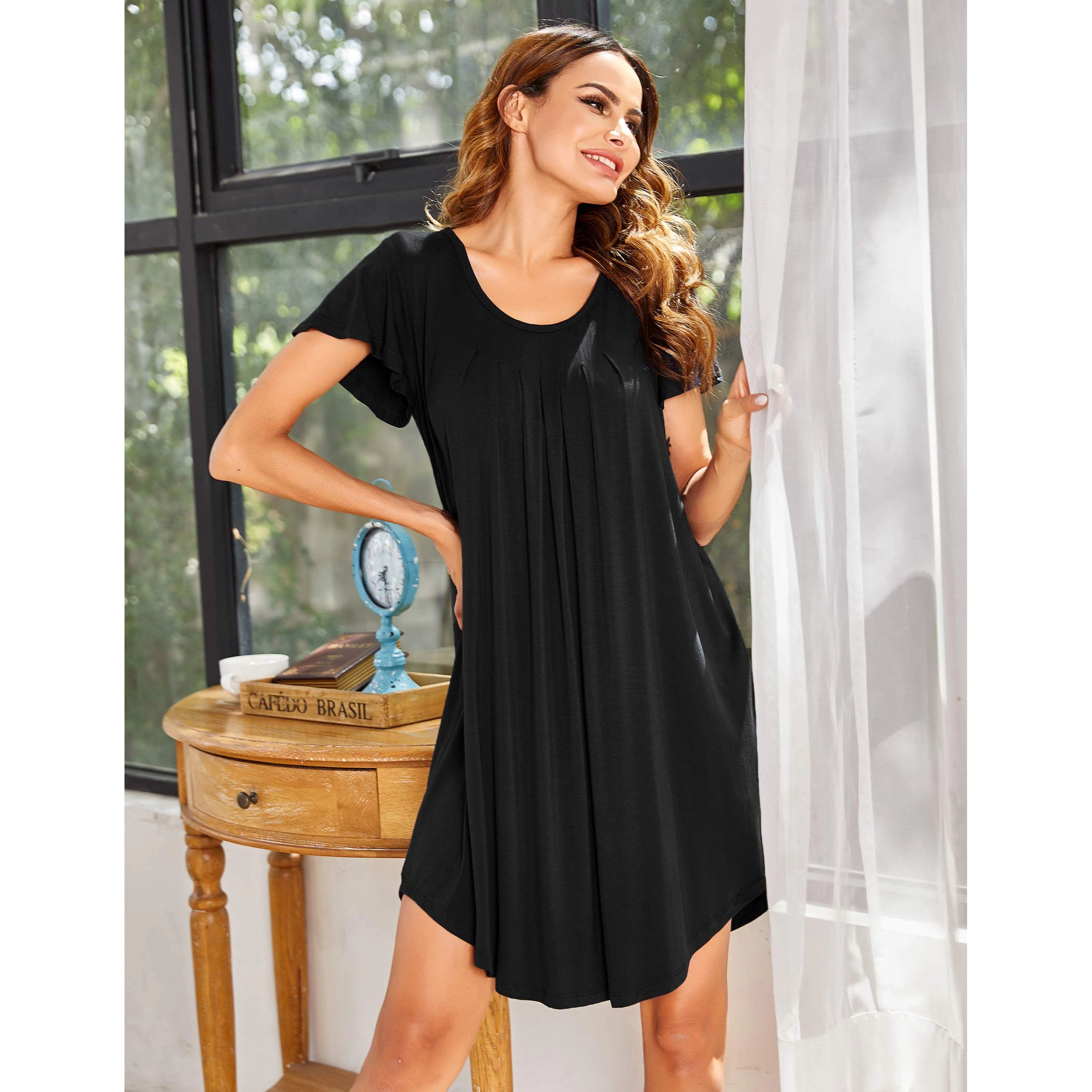 Ekouaer Nightgowns for Women Pleated Nightshirts Short Sleeve Sleepshirts Crew Neck Sleepwear Soft