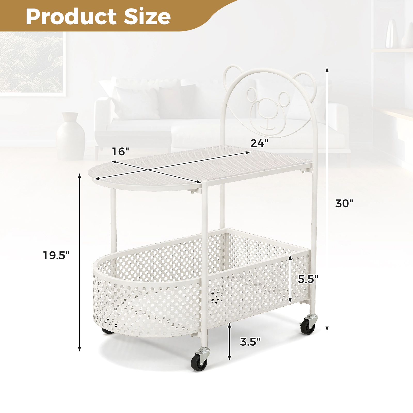 SUGIFT White 30 in 2-Tier Rolling Glass Side Table with Storage Basket