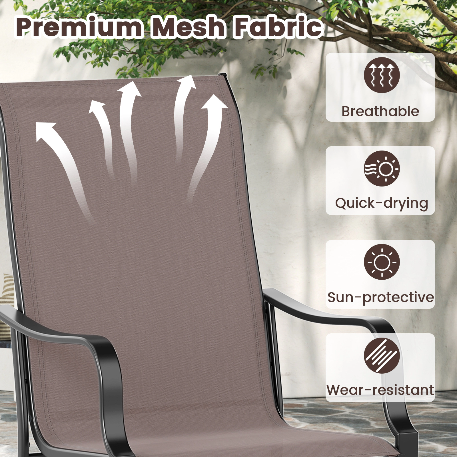 SUGIFT Set of 2 Brown High-Back Outdoor Patio Dining Chairs with Headrests and Armrests