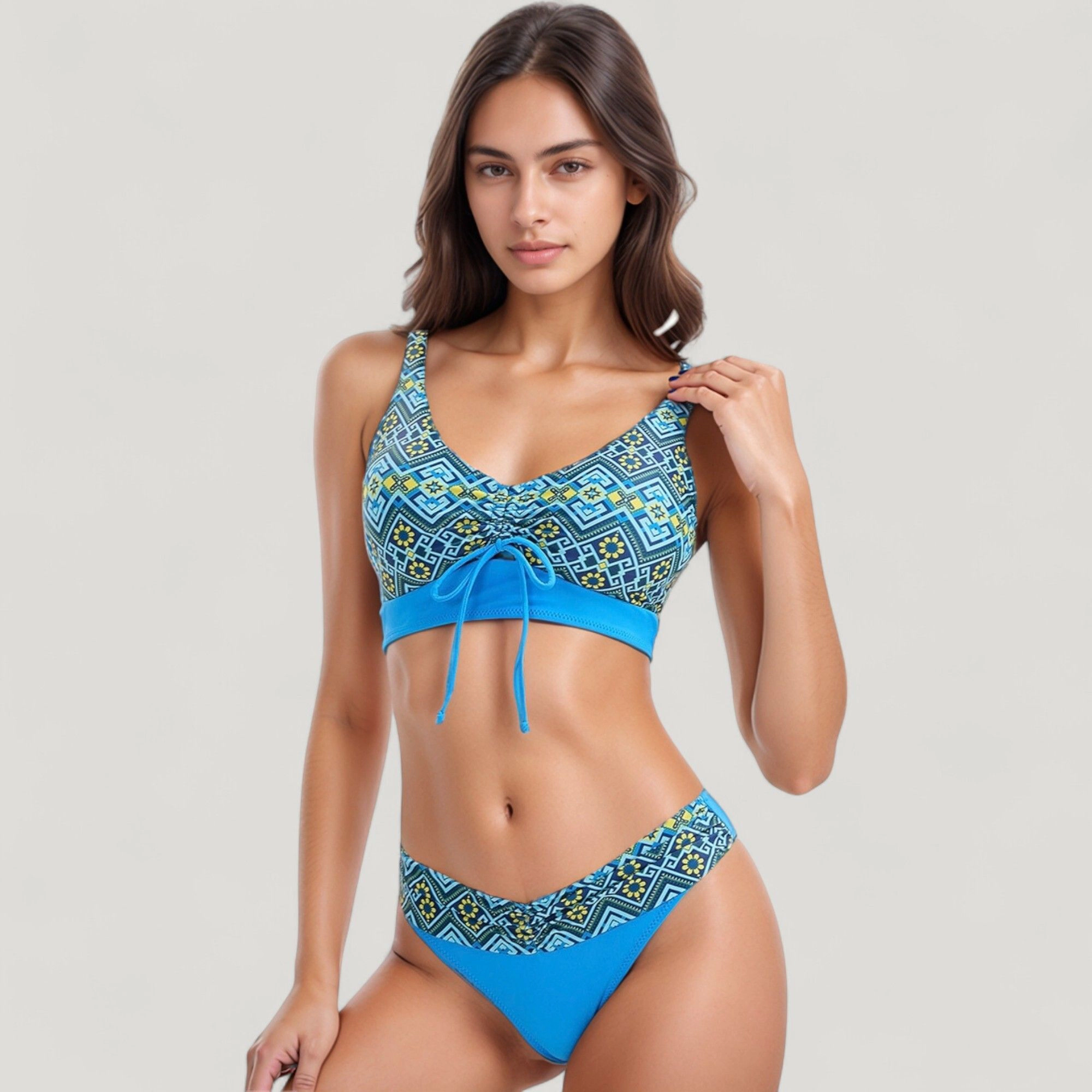 Anna-Kaci Women Printed Scoop Neck Bikini Set - Drawstring Crop Top and V-Cut Hipster Bottoms
