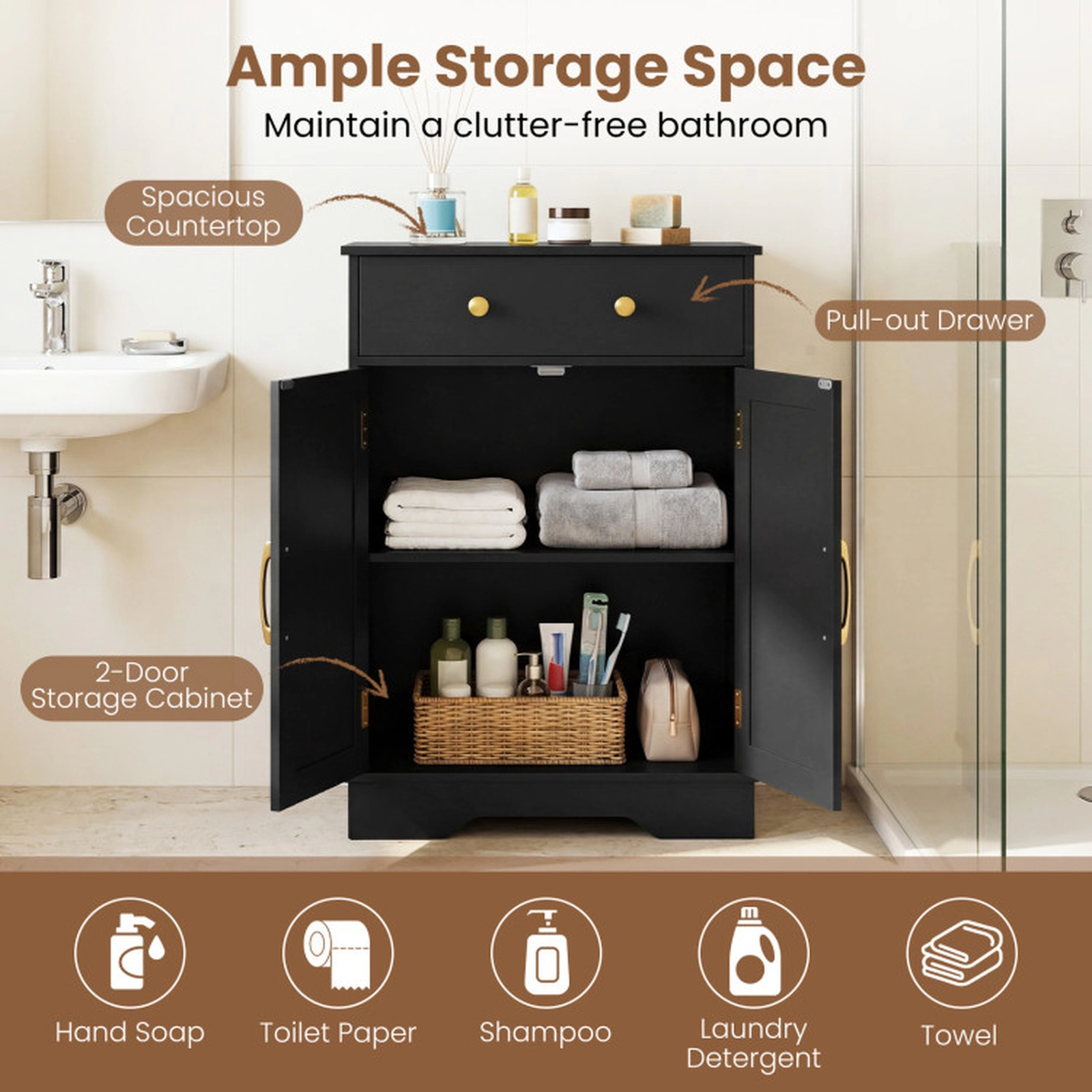 SUGIFT 2-Door Gold Handles Drawer Floor Storage Sideboard Cabinet 22-in x 12-in x 31.5-in 44-lb Capacity Black