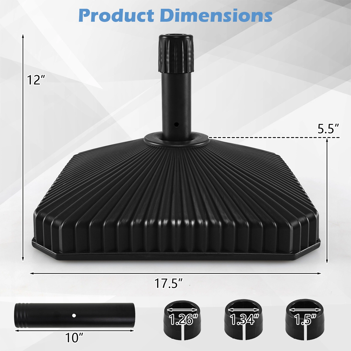 SUGIFT Black Shell Texture and 3 Coupler Sizes 17.5-in Square Fillable Umbrella Base