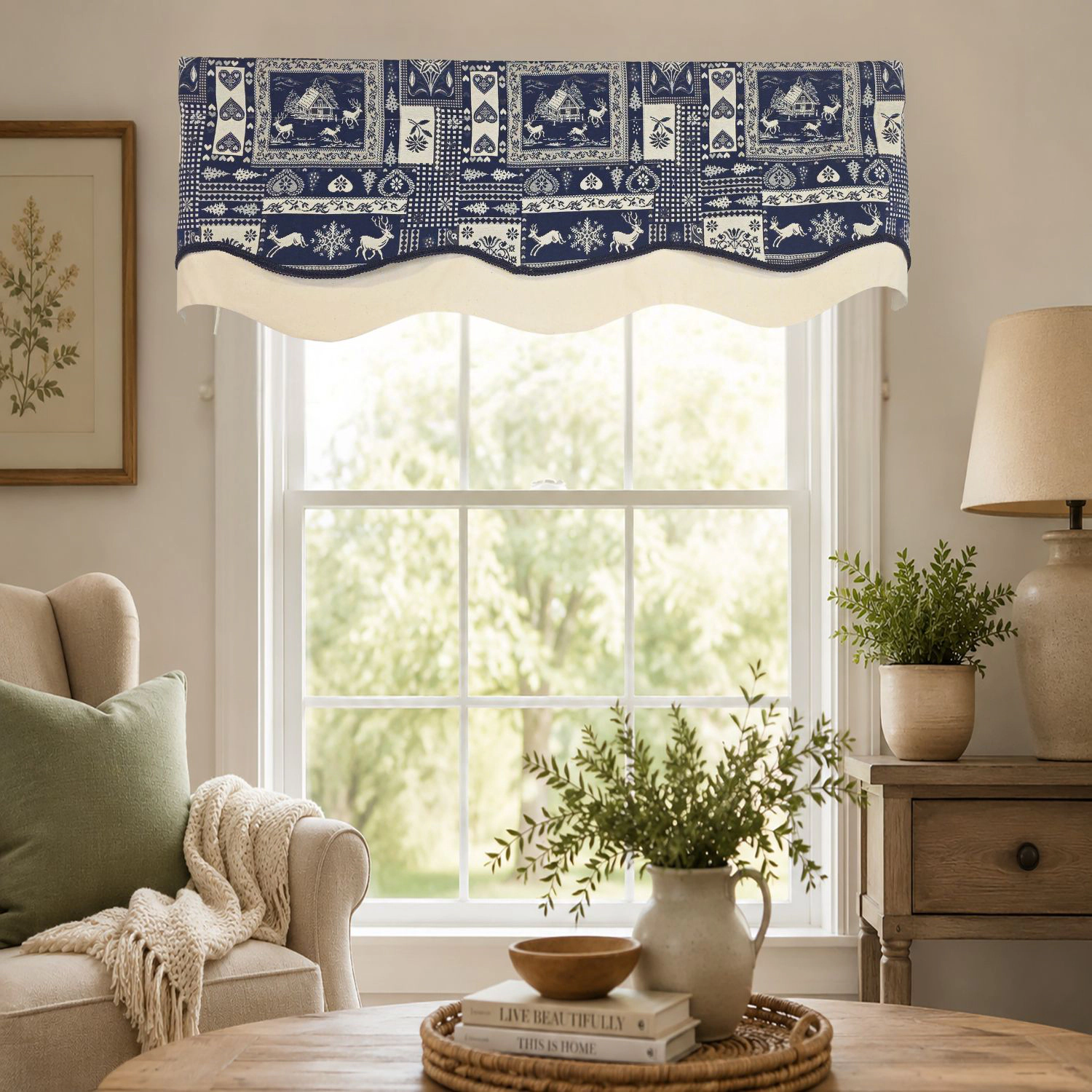 RLF Home 100% Cotton Lakewood Trimmed Glory Lined Window Valance 50" x 17" Navy
