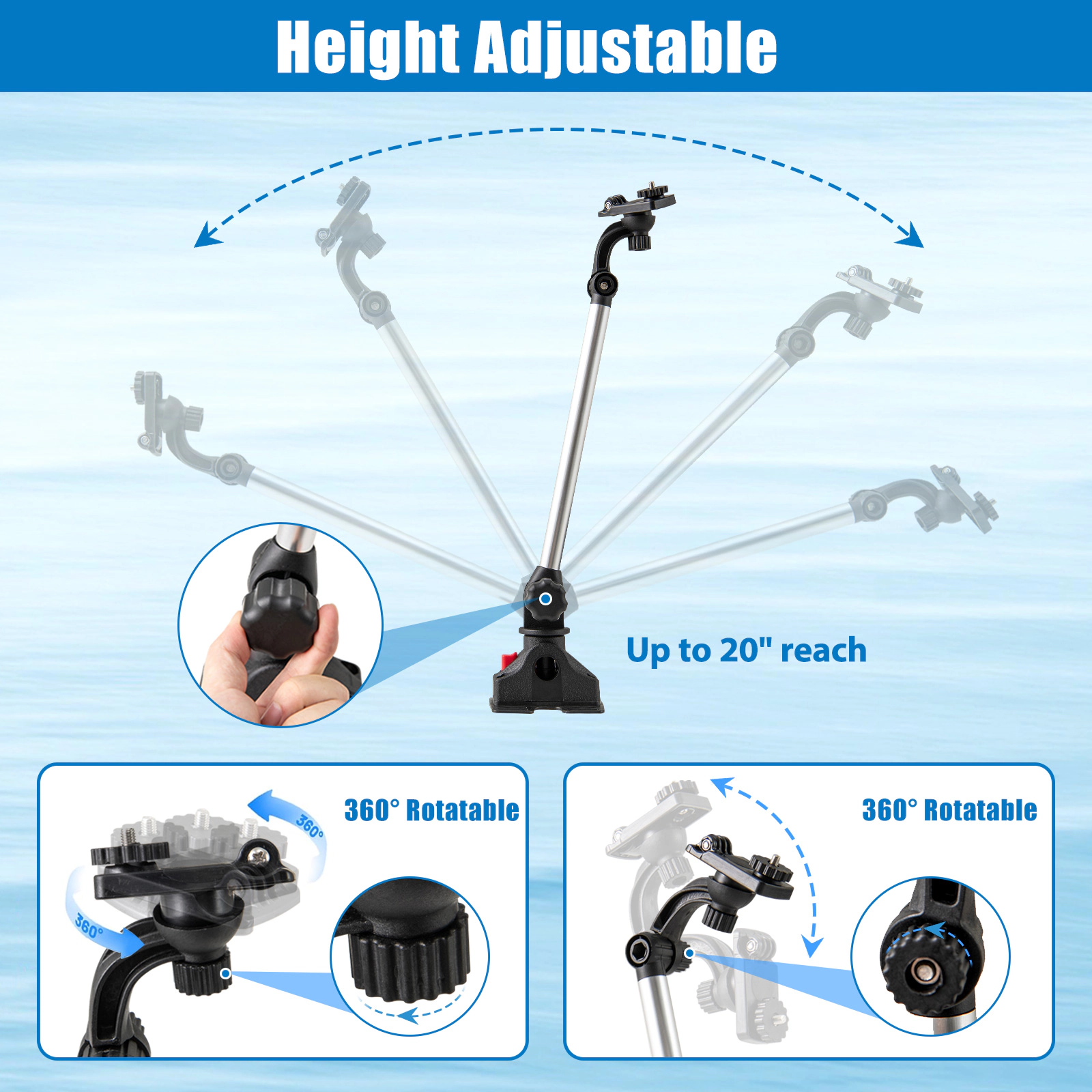 SUGIFT Adult Black 3-Piece 360-Degree Rotatable Kayak Rod Holder Set with Camera Mount and Oar Clip 20-in Max H
