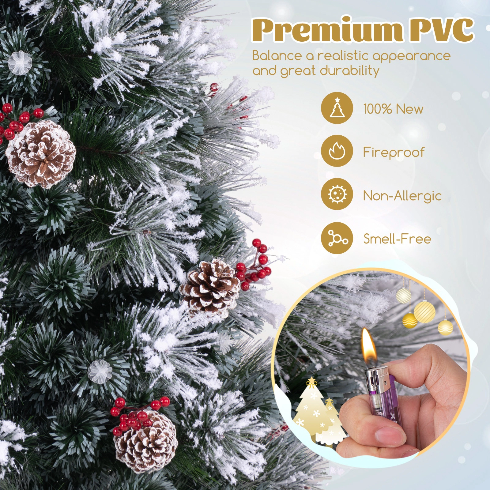 SUGIFT 7 ft Flocked Christmas Tree Pre-Lit with 8 Lighting Modes 30 Pine Cones and 30 Red Berries