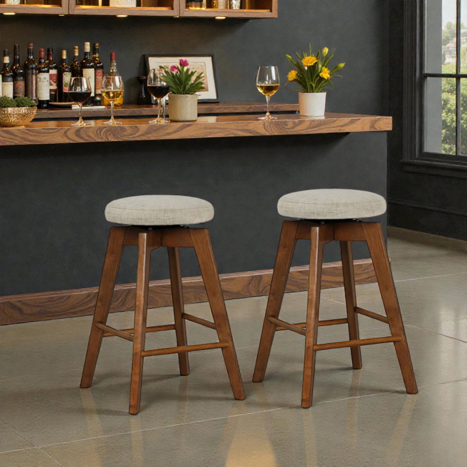 Hivvago Set of 2 26" Swivel Bar Stools with Backless Linen Upholstered Seats