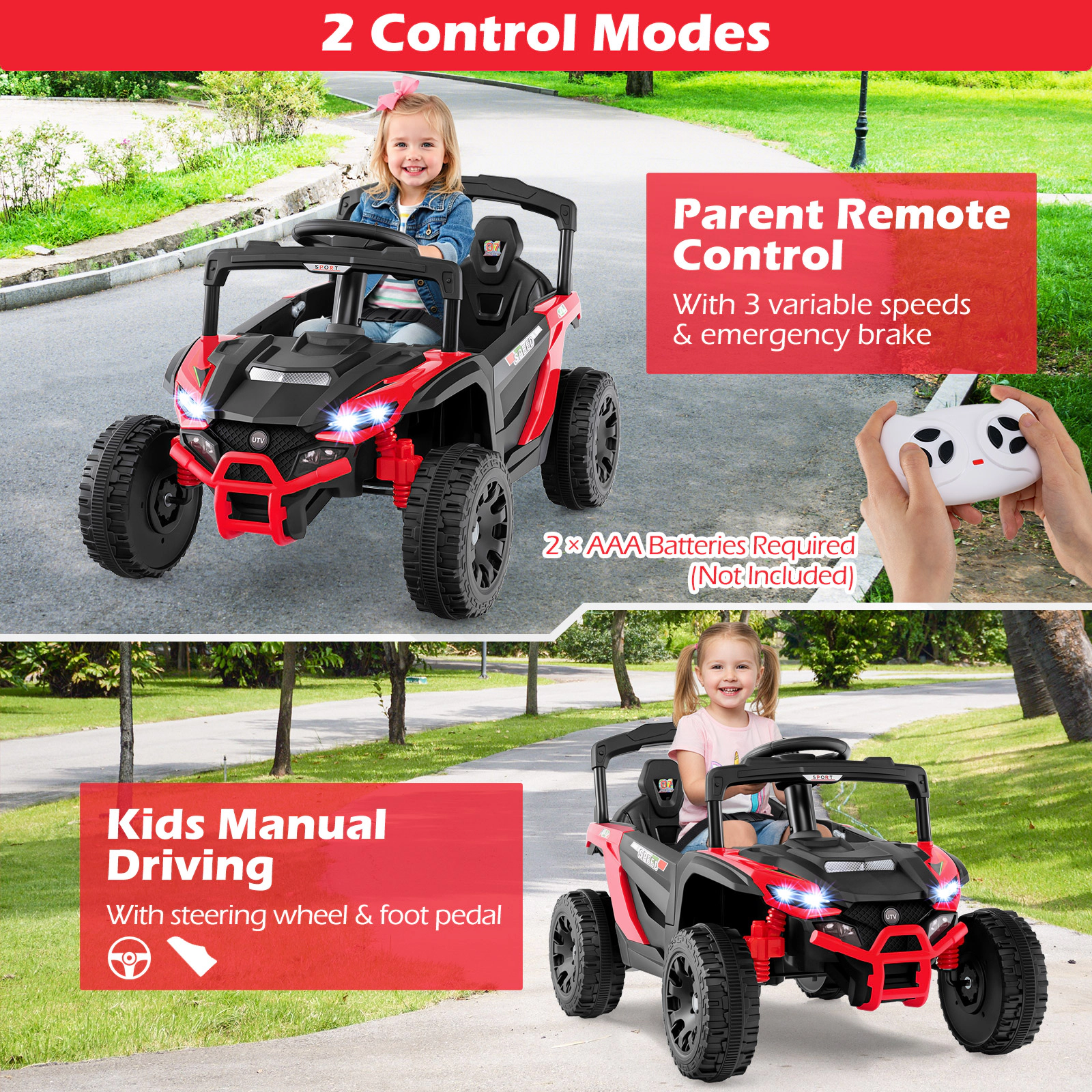 SUGIFT Red Remote Control LED Lights Music and Horn Kids 12V Ride On UTV Electric Vehicle