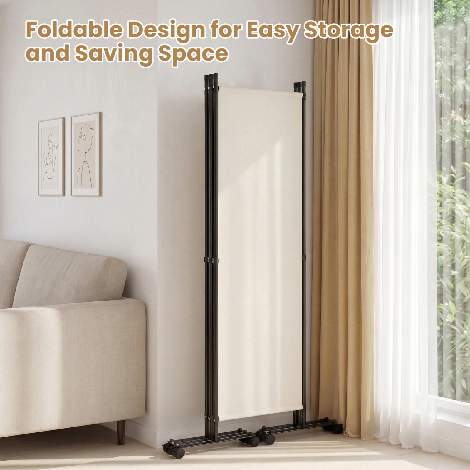 SUGIFT 4-Panel 10 Lockable Wheels Folding Room Divider 87-in x 14-in x 68-in 20.5-in Folded 17.5-lb Beige