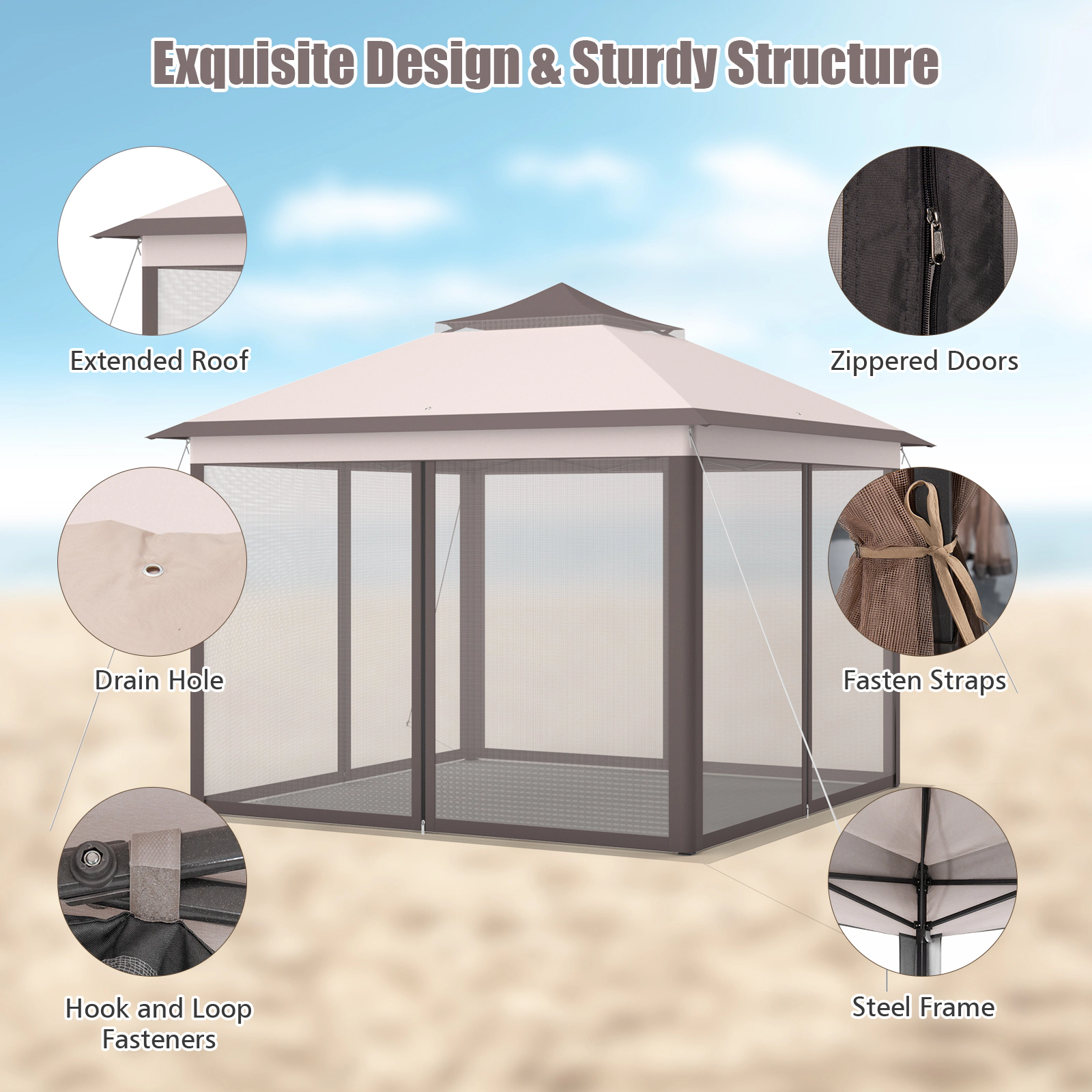 SUGIFT 11-ft x 11-ft Beige 2-Tier Pop Up Gazebo Canopy Tent with Mesh Screens and Carry Bag for Patio