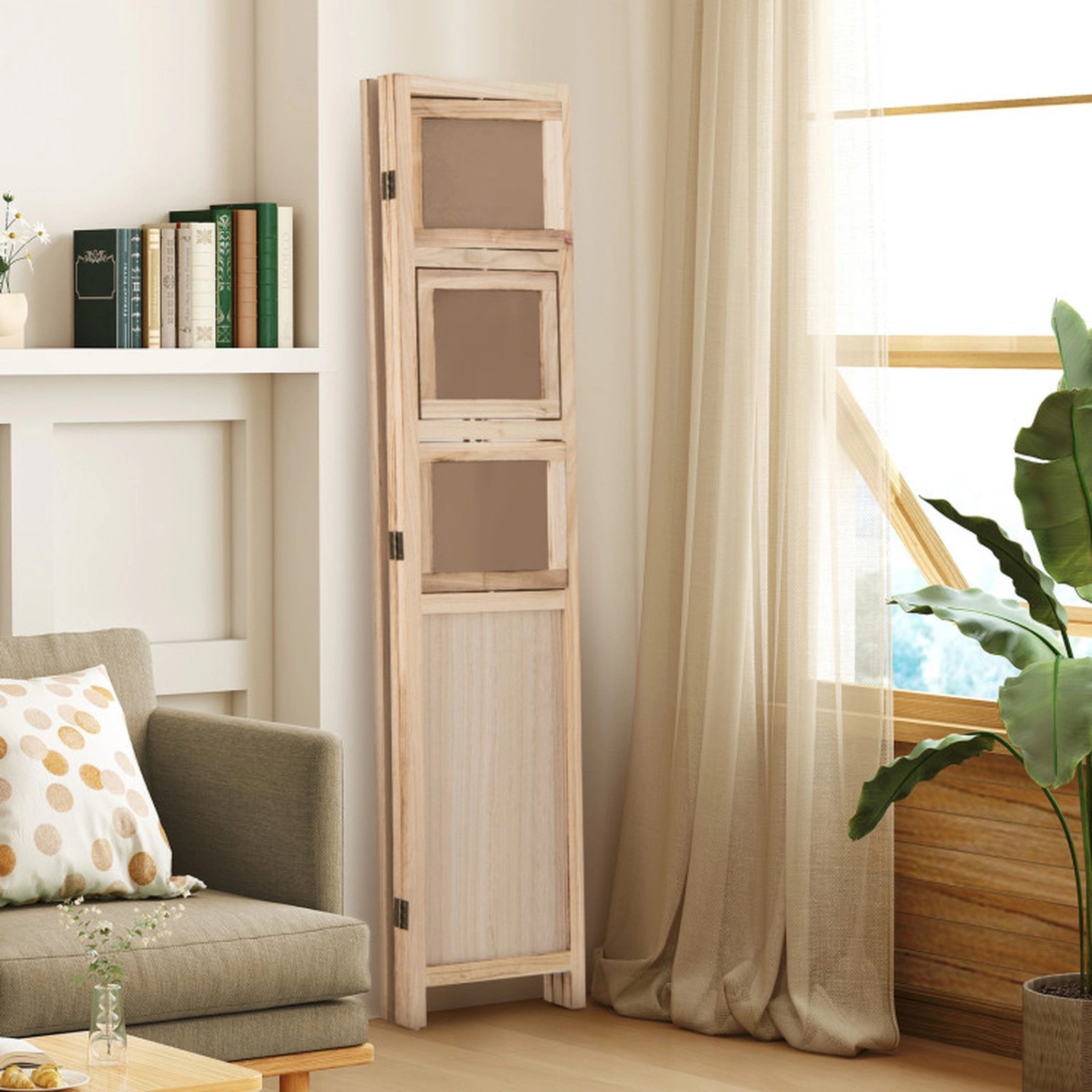 SUGIFT Natural 3-Panel 48-in Wide Folding Wood Room Divider Privacy Screen with 9 Swivel Photo Frames