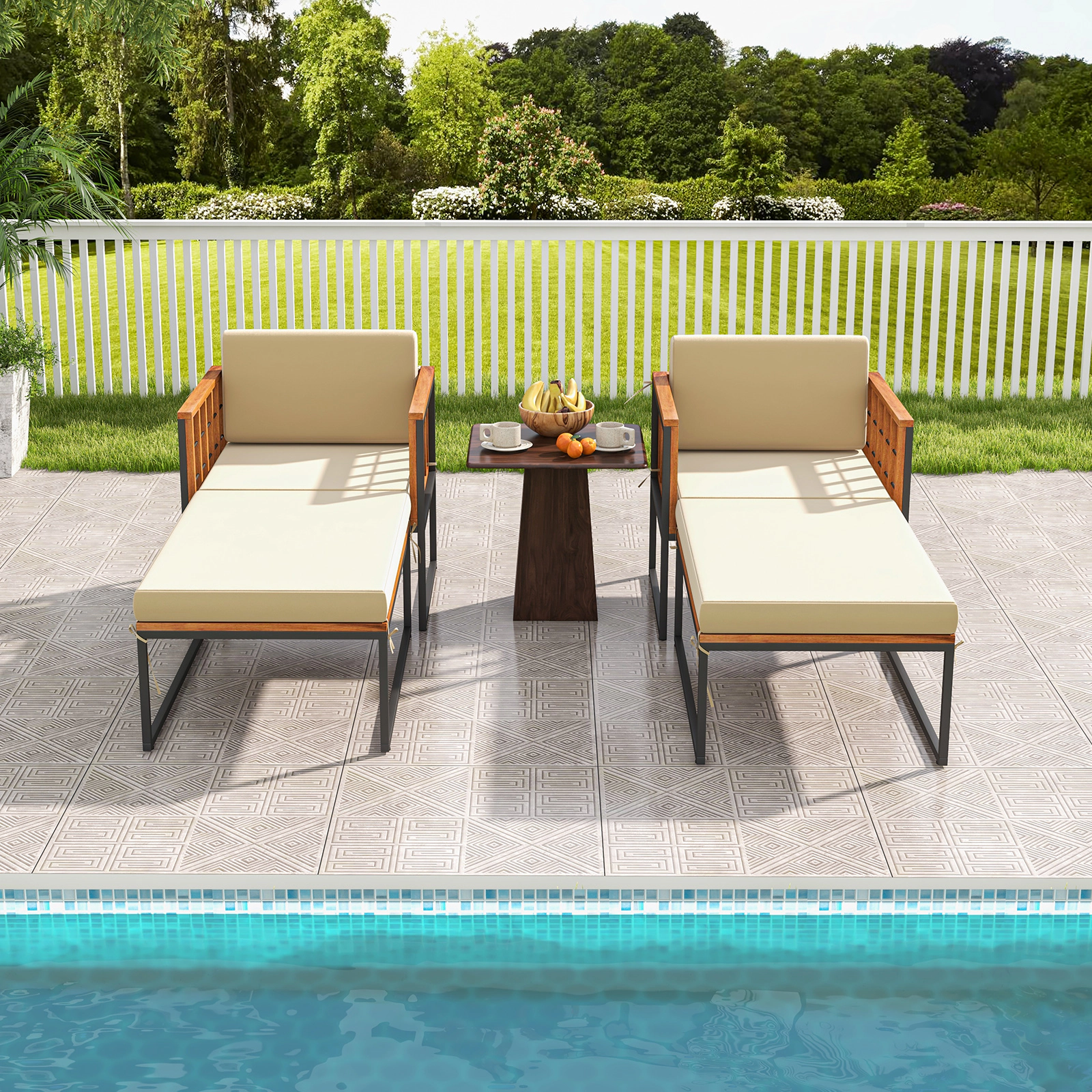 SUGIFT Patio Acacia Wood Armchair with Long Ottoman and Beige Seat Back Cushions