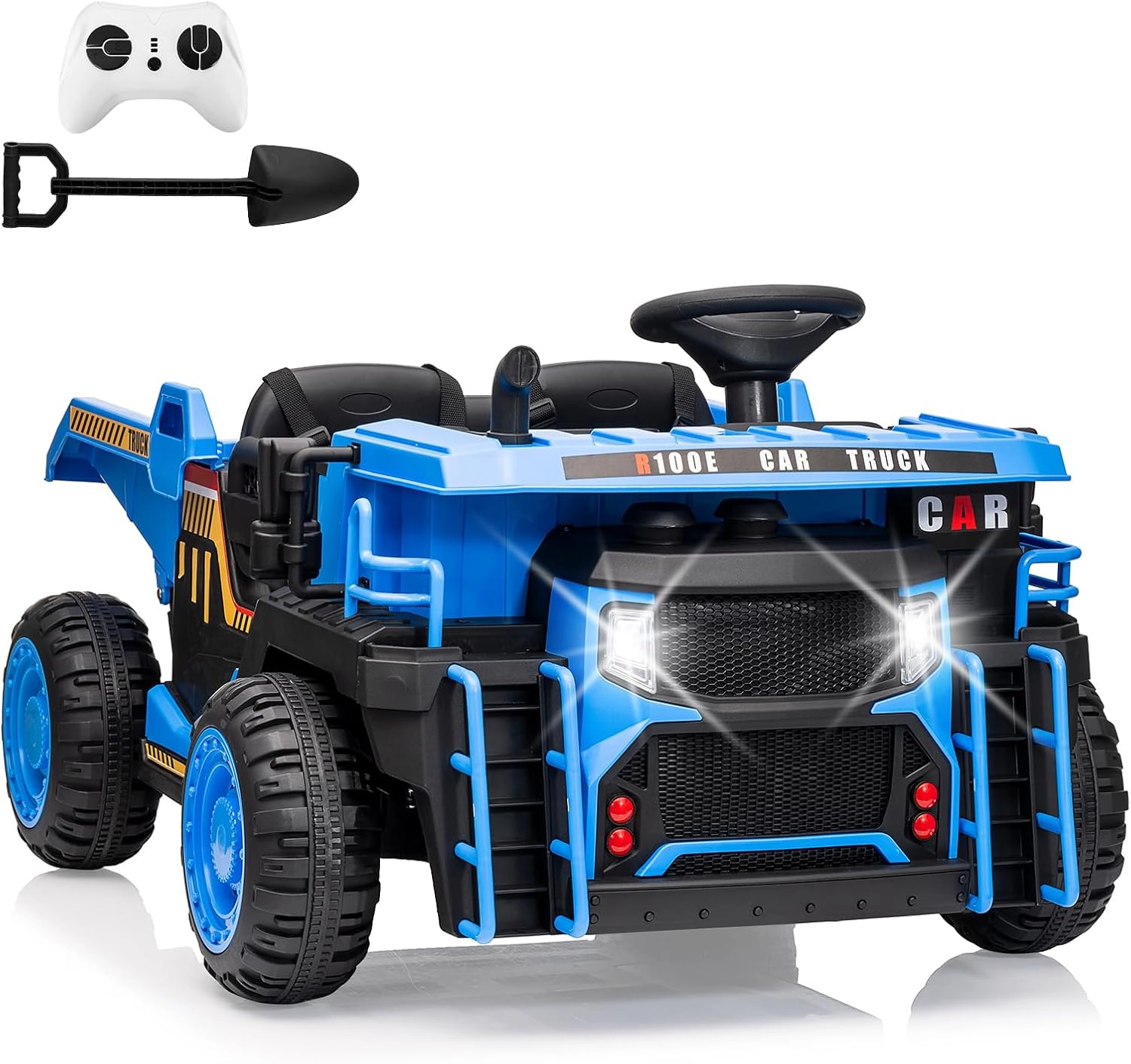 24V 2-Seater Kids Ride On Dump Truck, Electric Construction Car w/ Remote, 2WD/4WD, Lift Bed, Shovel, Music & Lights
