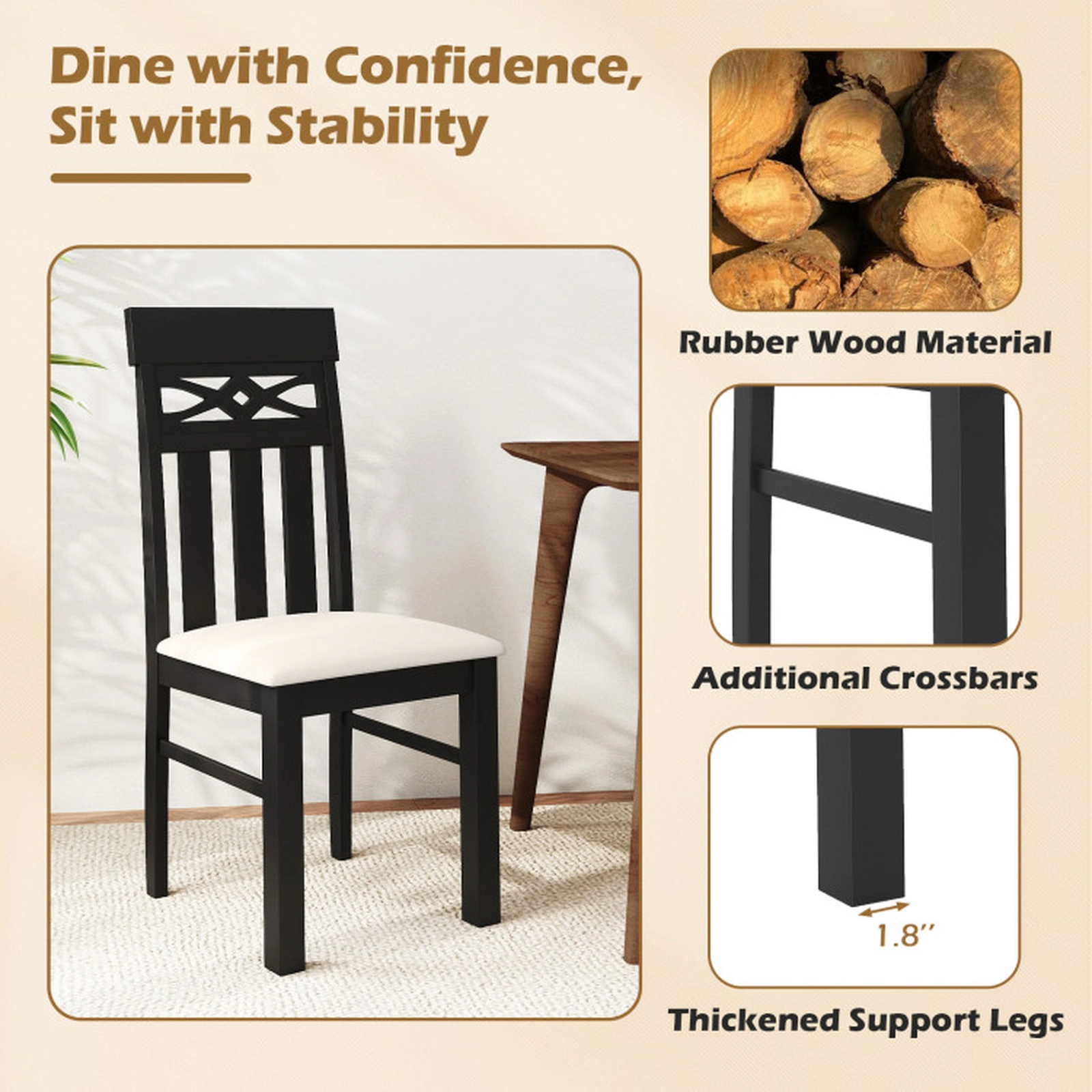 SUGIFT Black High Back Padded Seat and Rubber Wood Frame Set of 2 Dining Chairs