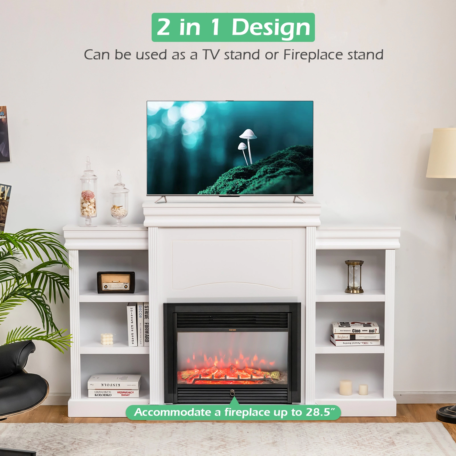 SUGIFT 70-in Modern Fireplace Media Entertainment Center TV Stand Bookcase 44-lb Tabletop Capacity 22-lb Shelf Capacity