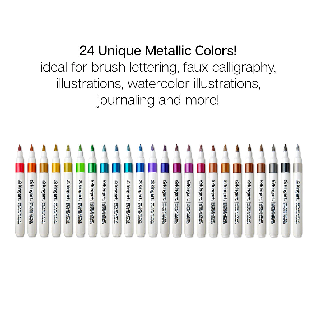 KINGART Metallic Acrylic Brush Tip Markers - Set of 24