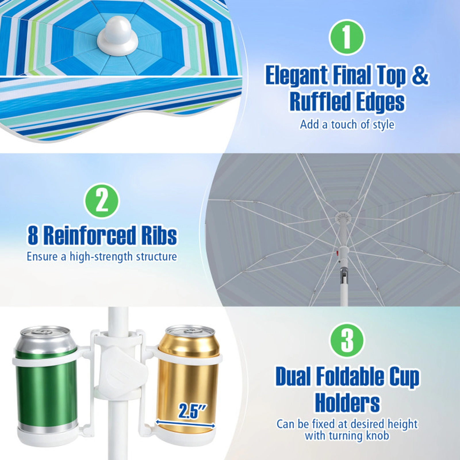 SUGIFT UPF 50+ 6.5-ft Beach Umbrella with Sand Anchor, Tilt Function, Cup Holders and Carrying Bag 4-Piece Set Blue