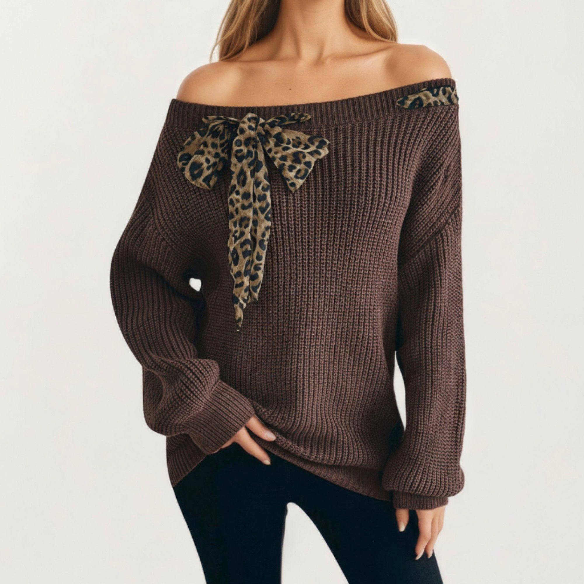 Anna-Kaci Women's Off-Shoulder Knit Sweater with Leopard Print Bow Detail