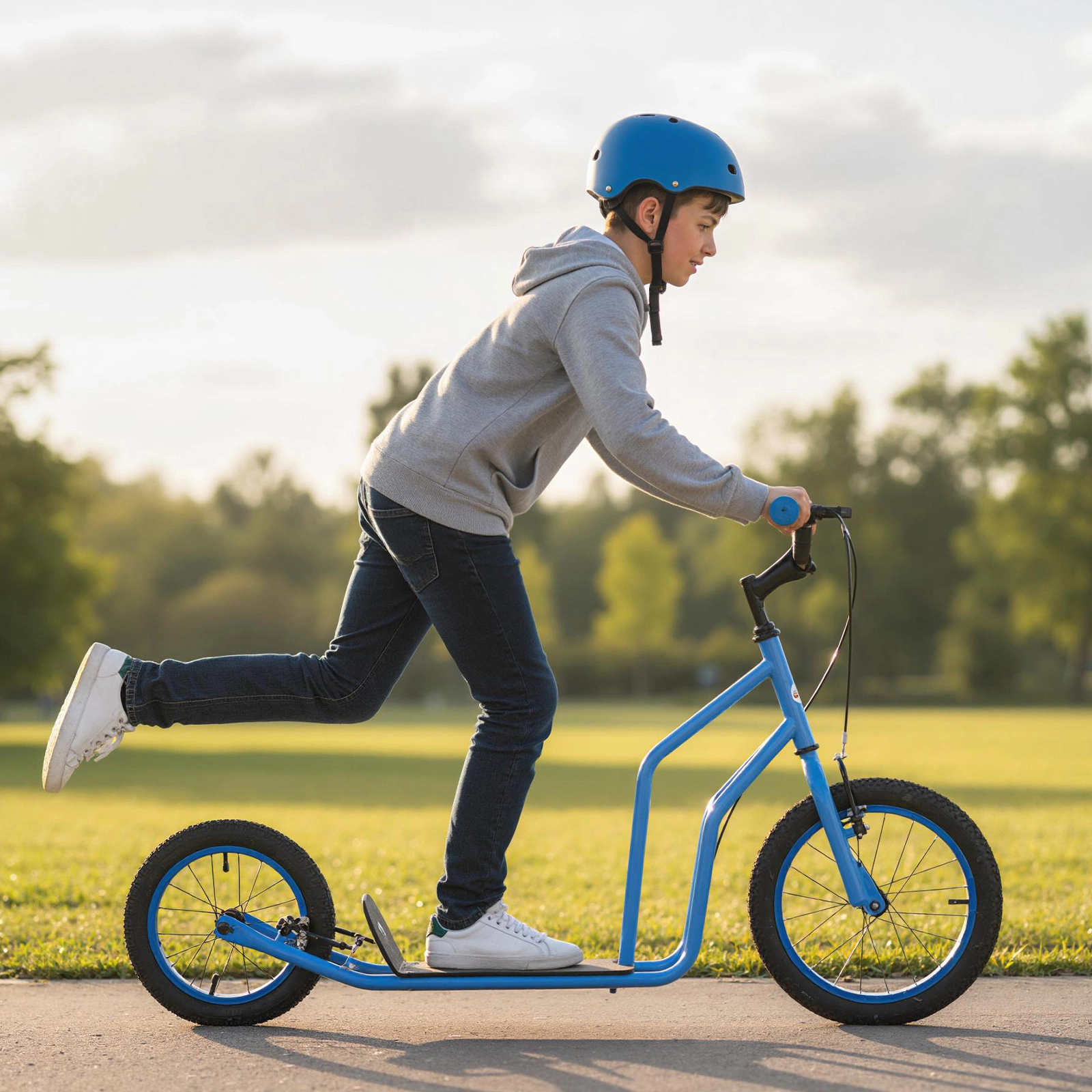 SUGIFT Blue Kick Scooter, 16-Inch Front and 14-Inch Rear Inflatable Wheels, Hand Brakes, 110-Lb Capacity