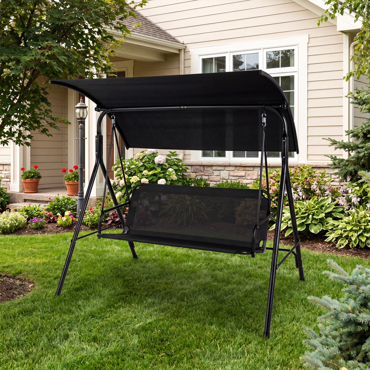 LJG 3-Seat Outdoor Patio Swing Chair with Breathable Mesh Fabrics