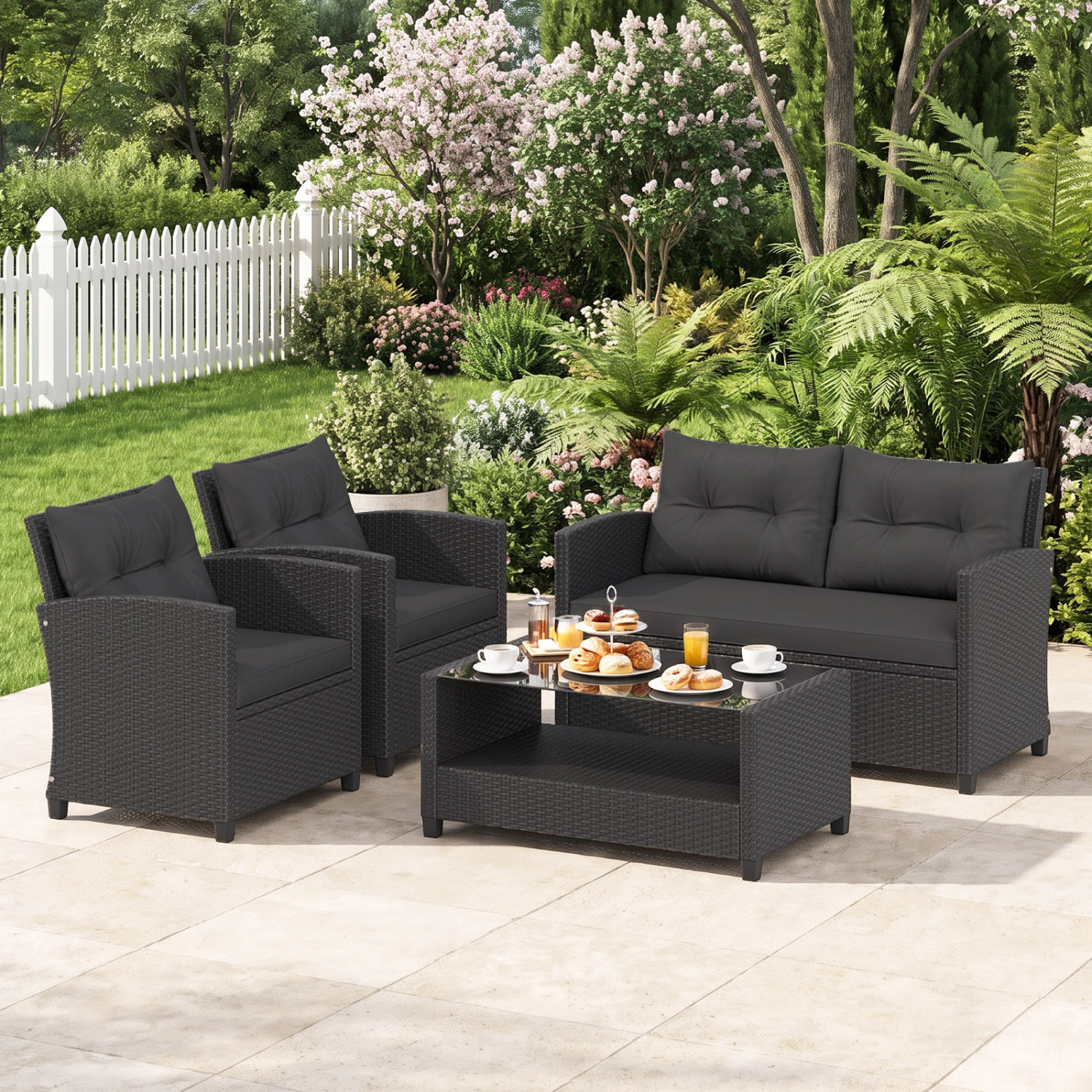LJG 4 Pieces Patio Rattan Furniture Set with Tempered Glass Coffee Table