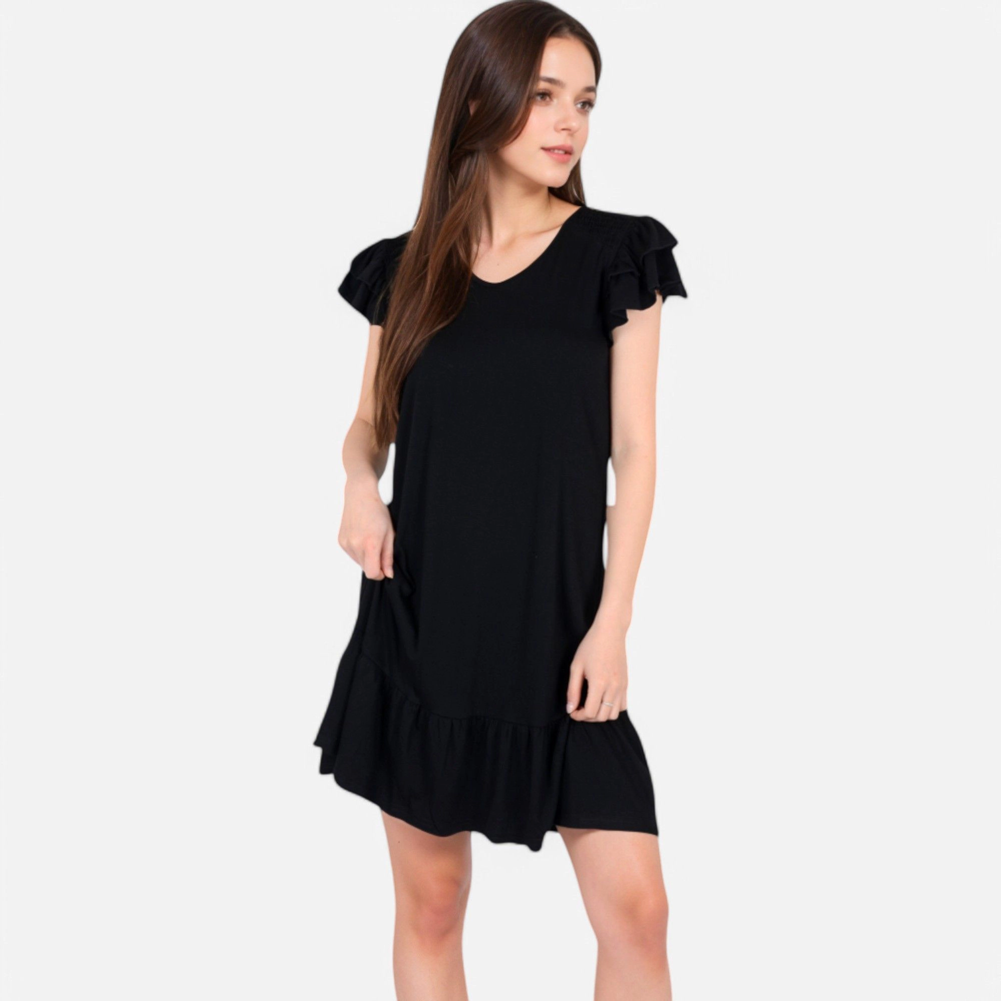 Anna-Kaci Women's Ruffle Sleeve V Neck Tiered Hem Casual Fit Dress