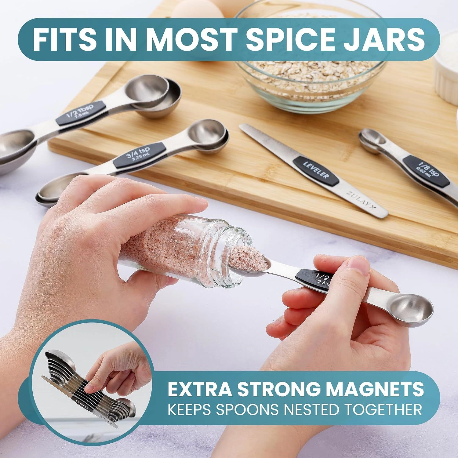Zulay Kitchen Stackable Magnetic Measuring Spoon with Leveler (Set of 8)