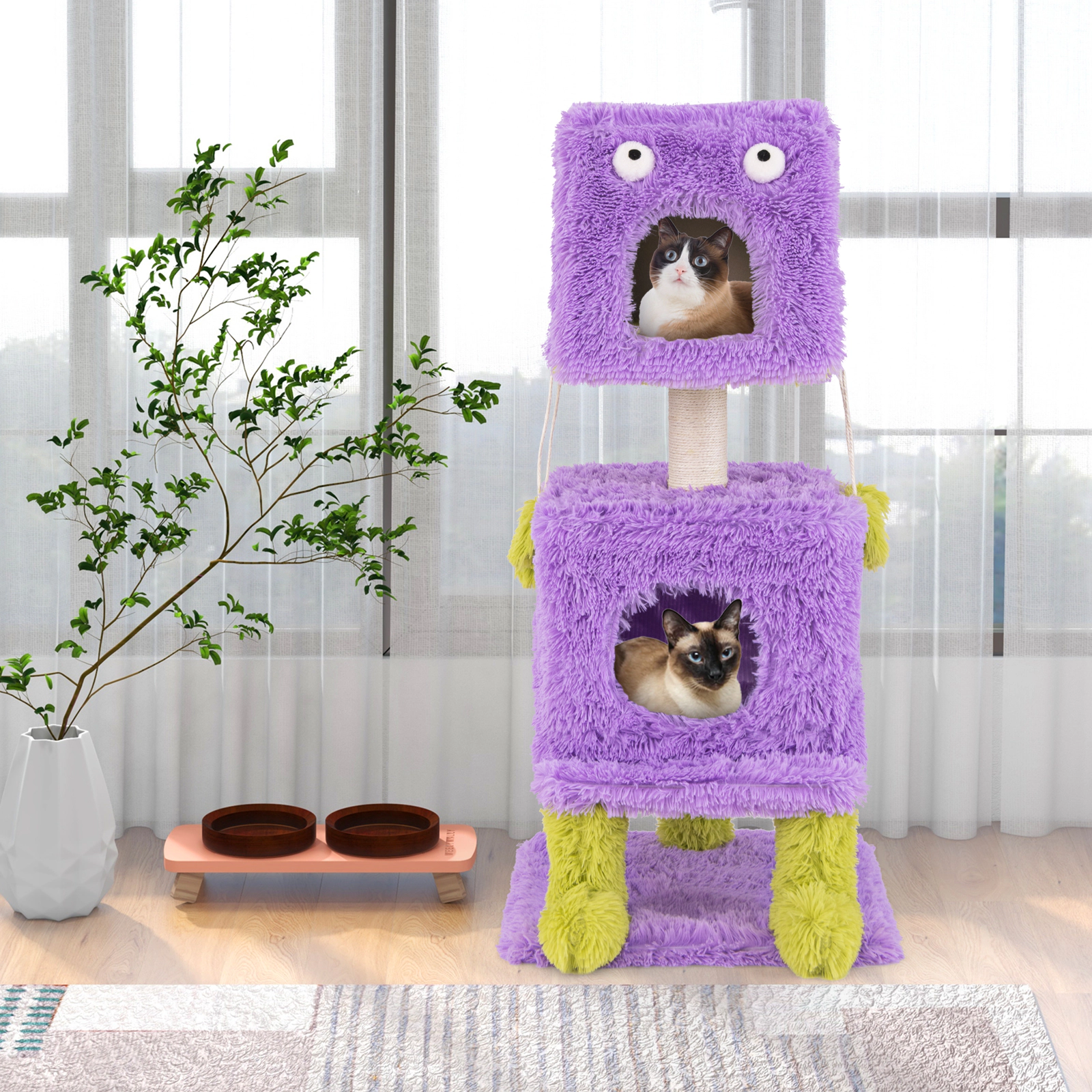SUGIFT Monster Cat Tower Purple 44 in with 2 Private Condos and Plush Covering